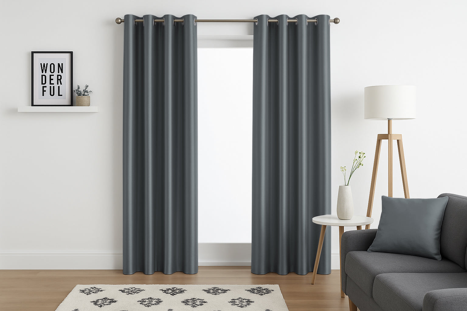Faux Silk Eyelet Fully Lined Curtains (Grey)