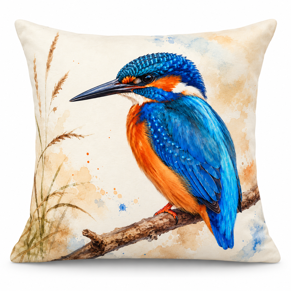 Kingfisher Print Cushion Cover – Blue & Orange Bird Design – 18" × 18"