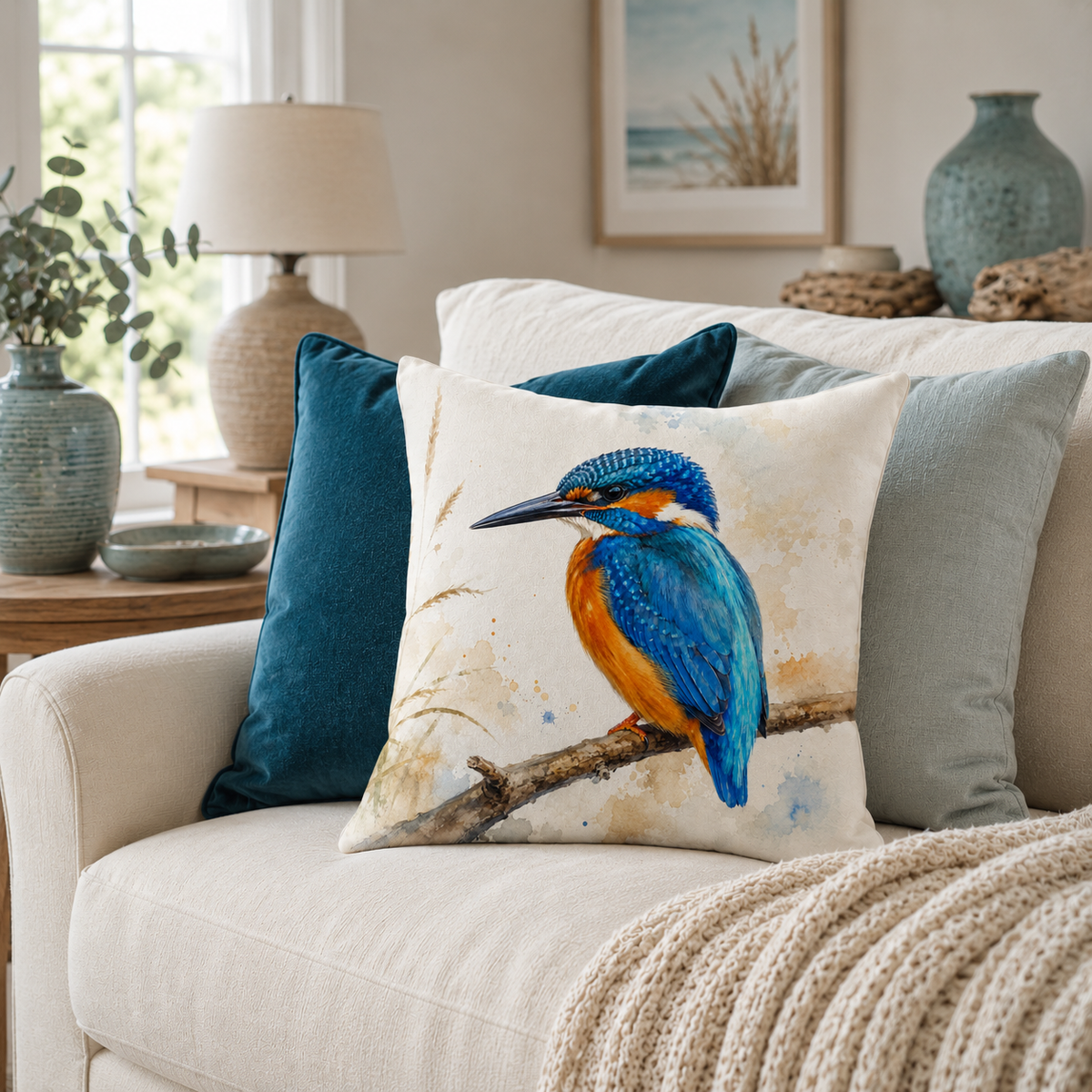 Kingfisher Print Cushion Cover – Blue & Orange Bird Design – 18" × 18"