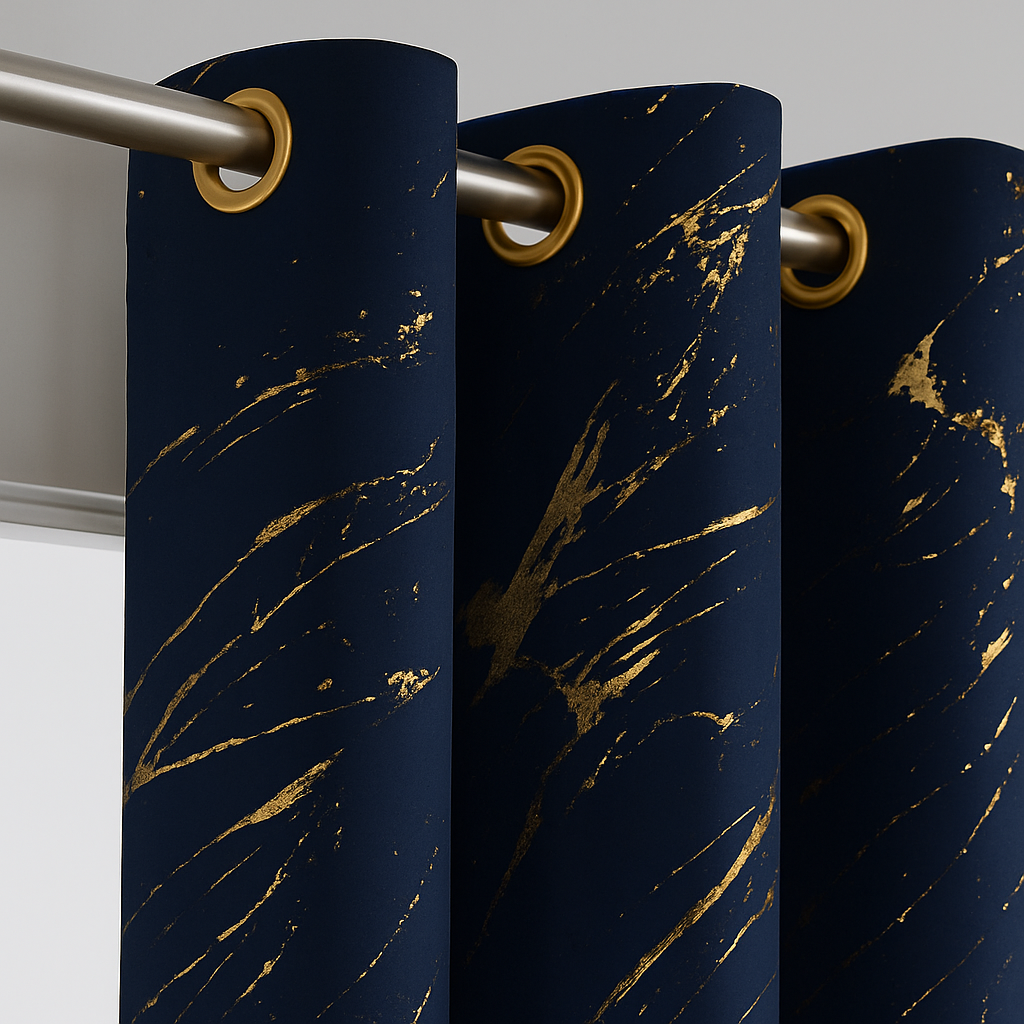 Elyse Navy Thermal Blackout Eyelet Curtains With Gold Foil (Navy)