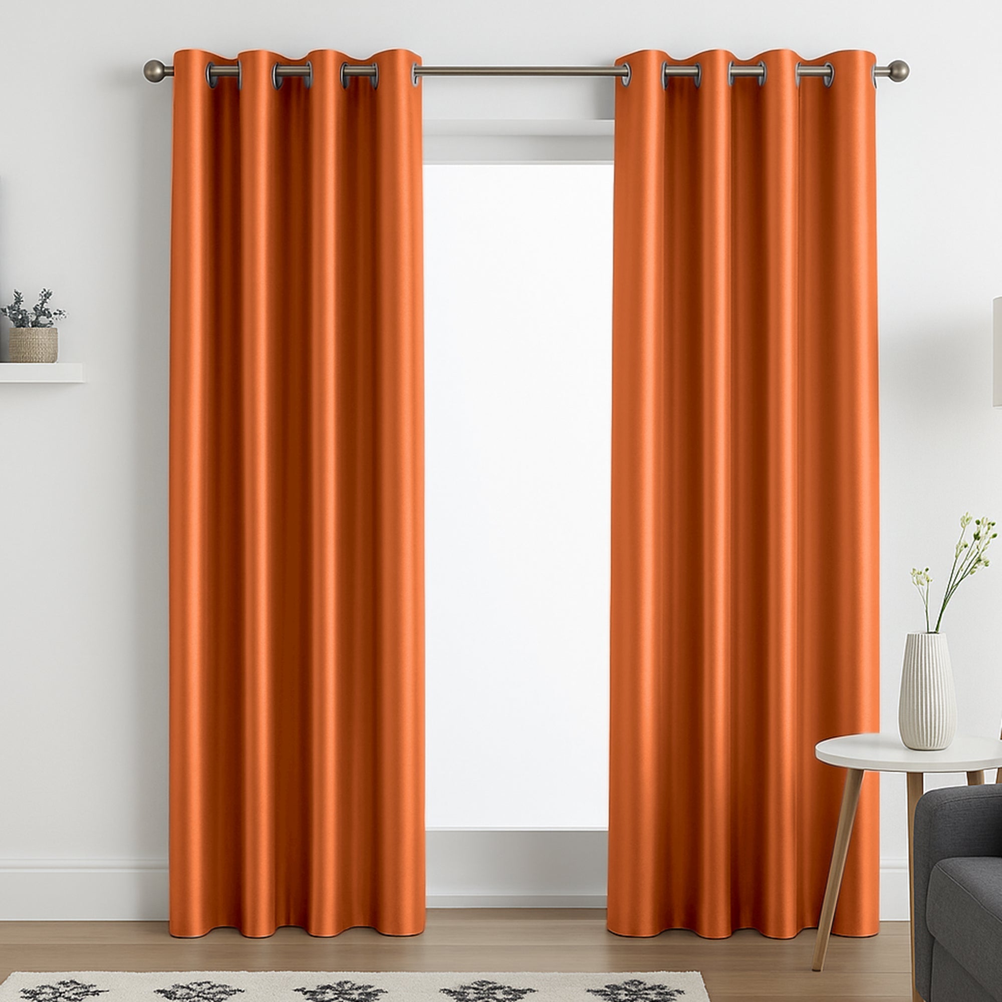 Faux Silk Eyelet Fully Lined Curtains (Orange)