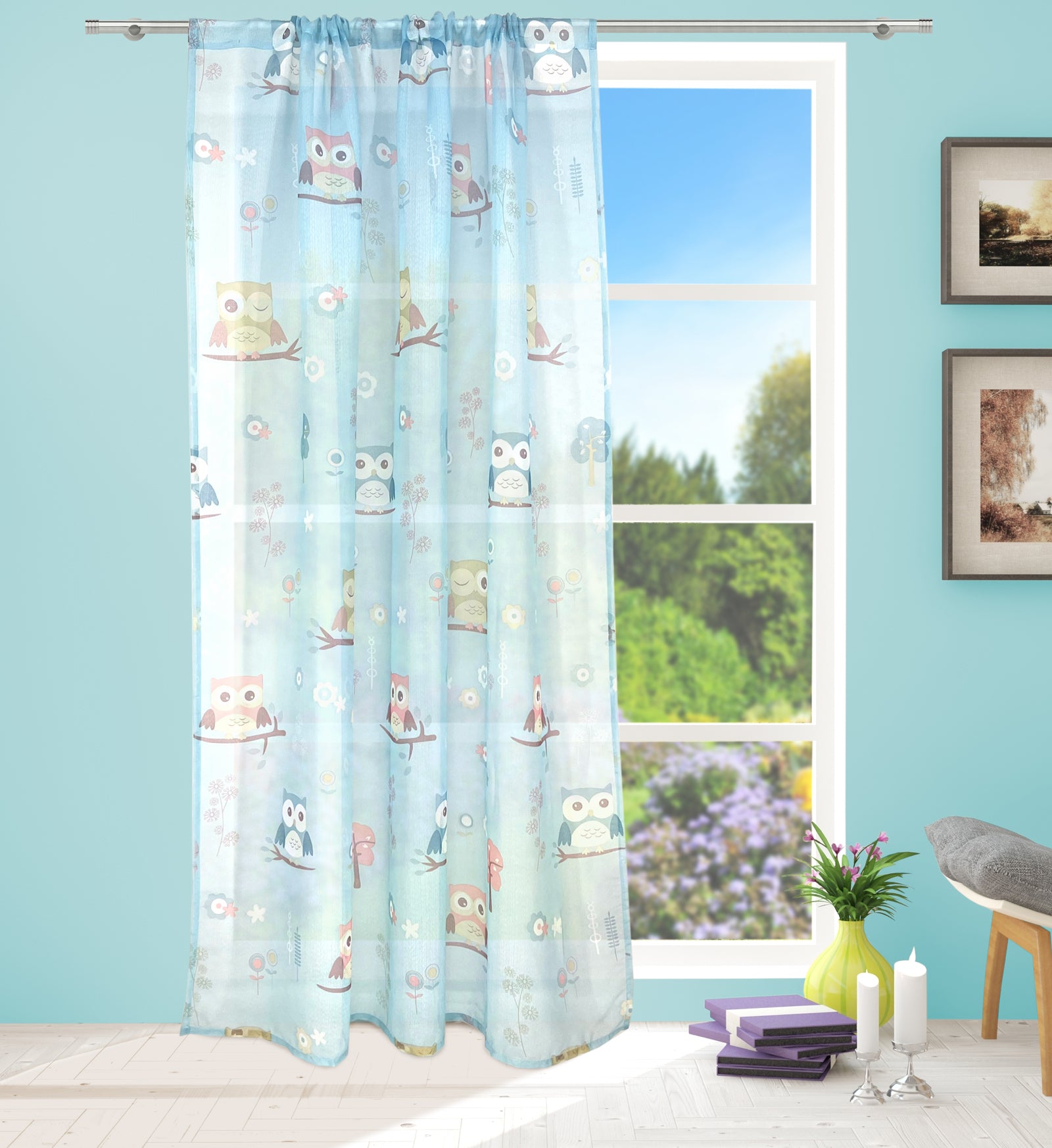 Owl Voile Panel With Rod Slot (Blue)