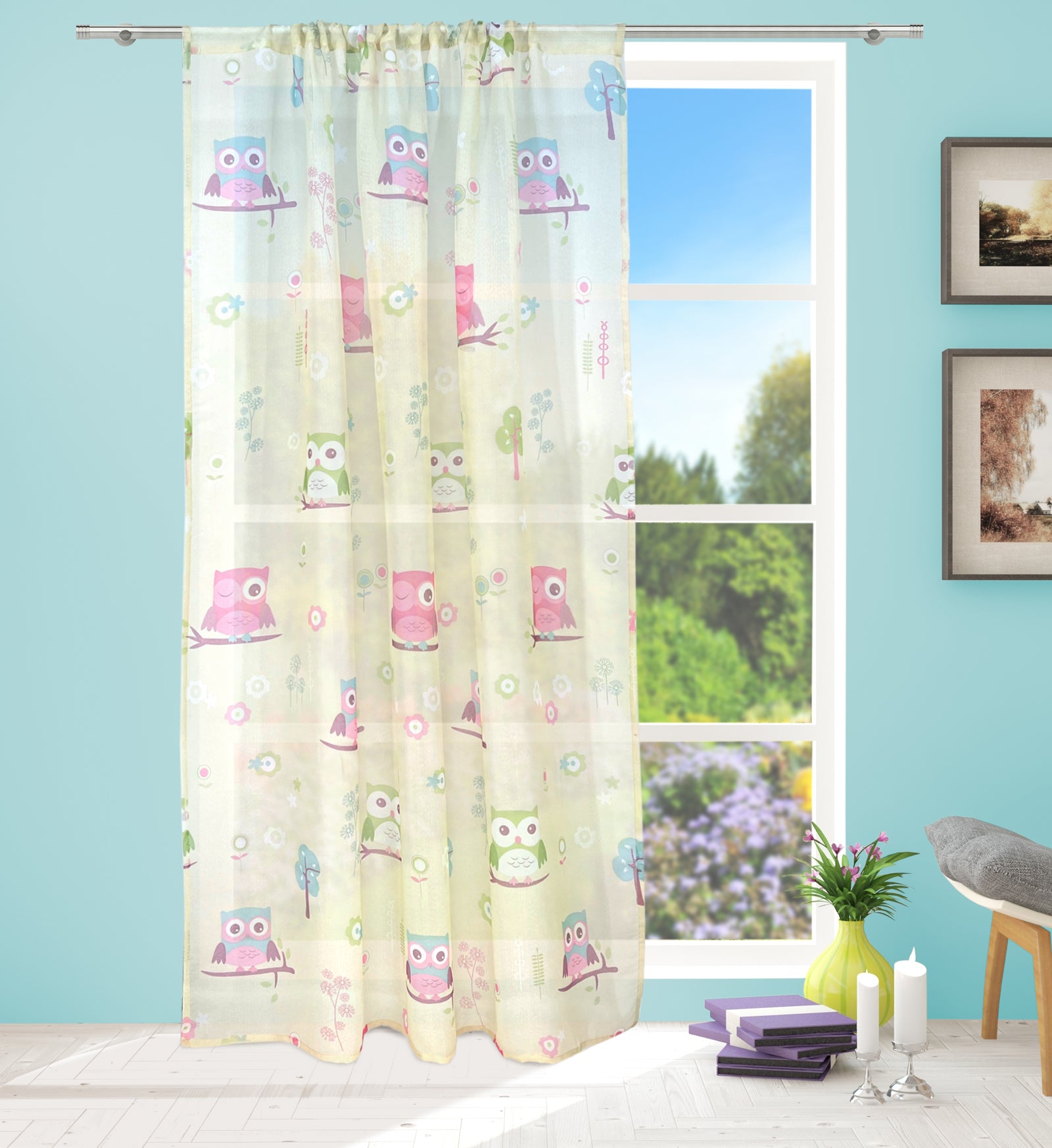 Owl Voile Panel With Rod Slot (Cream)