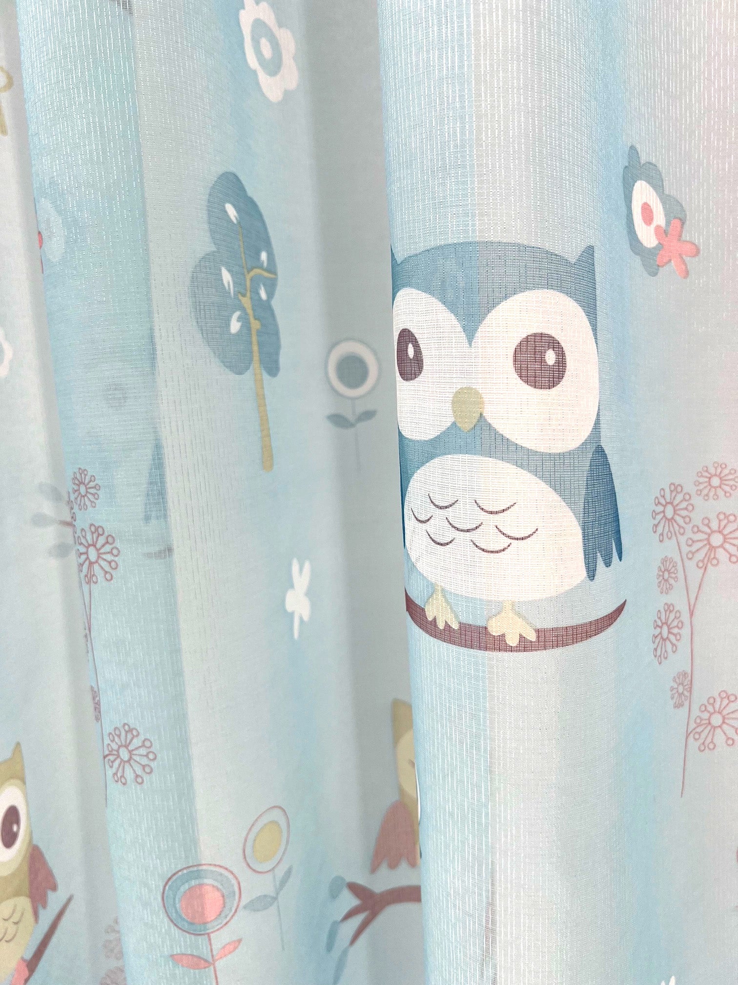 Owl Voile Panel With Rod Slot (Blue)