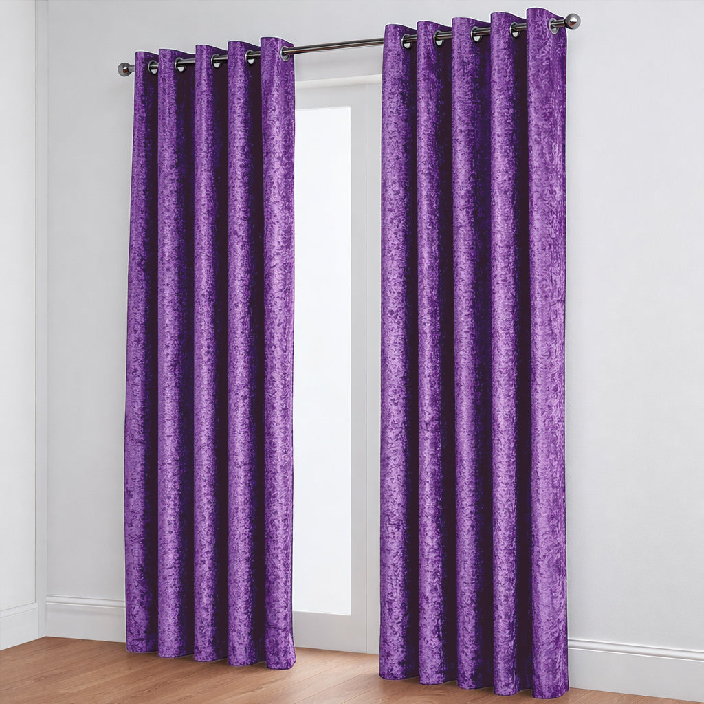 Crushed Velvet Fully Lined Ready Made Eyelet Curtains (Aubergine)
