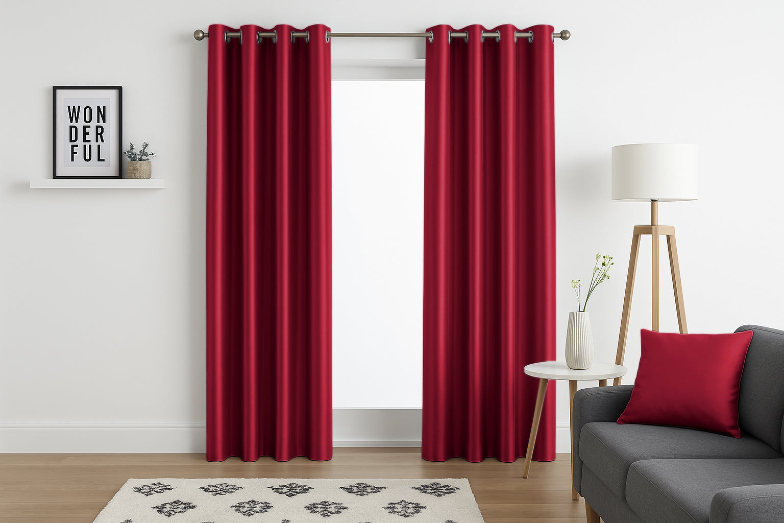 Faux Silk Eyelet Fully Lined Curtains (Red)