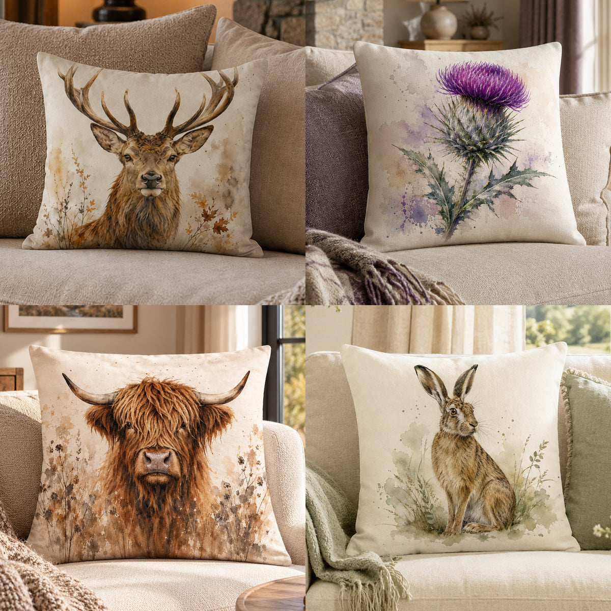 Highland Cow Print Cushion Cover – Rust Brown & Cream Watercolour-Style Design – 18" × 18"