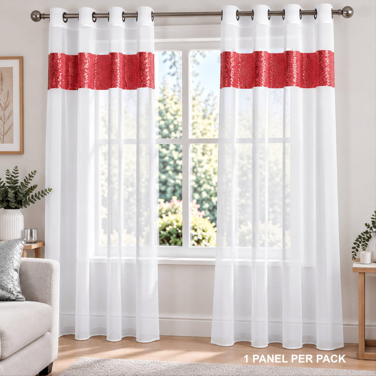 Sparkle Sequin Eyelet Voile Panel (White-Red)