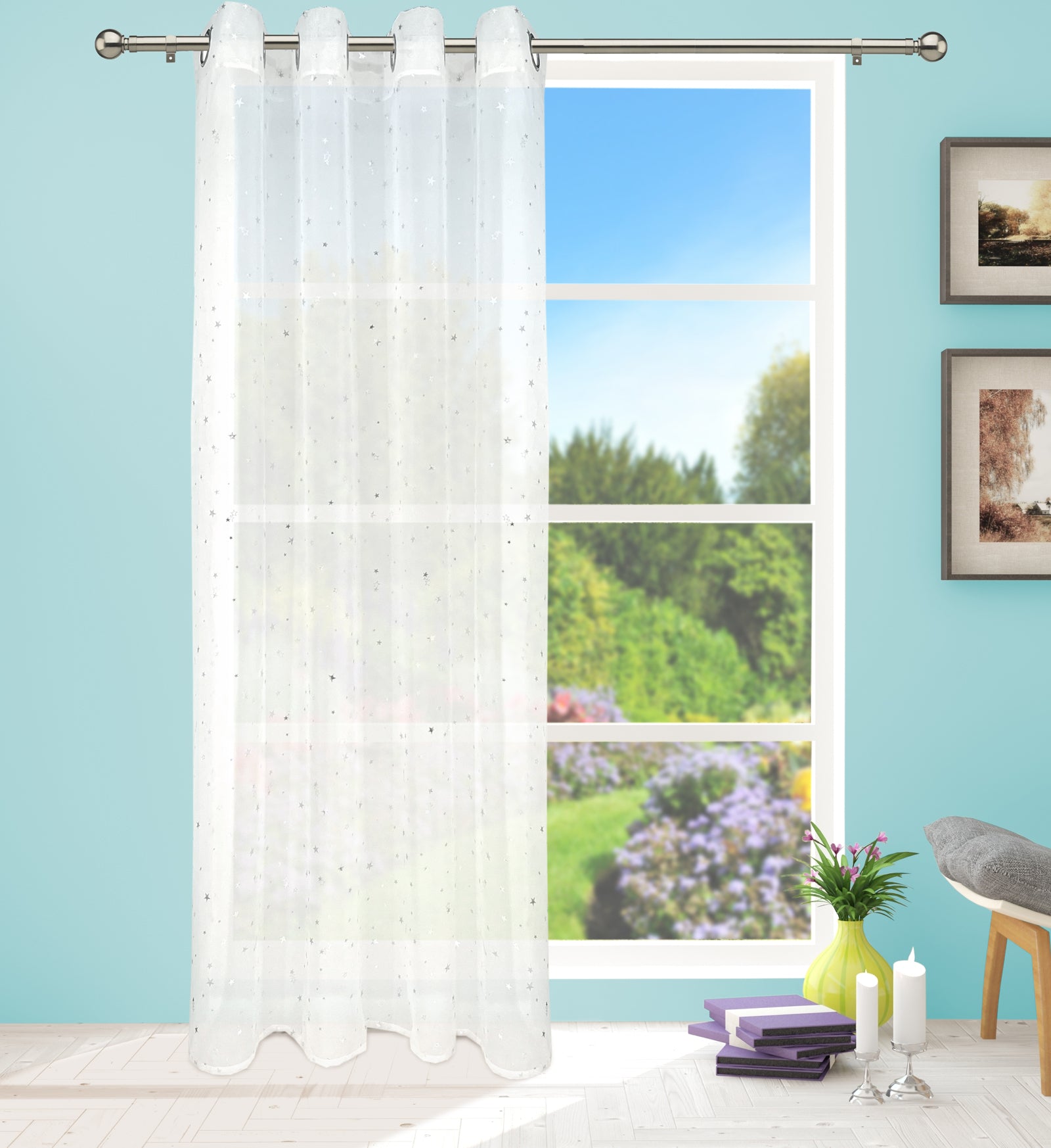 Star Voile Eyelet Curtain Panel (White)