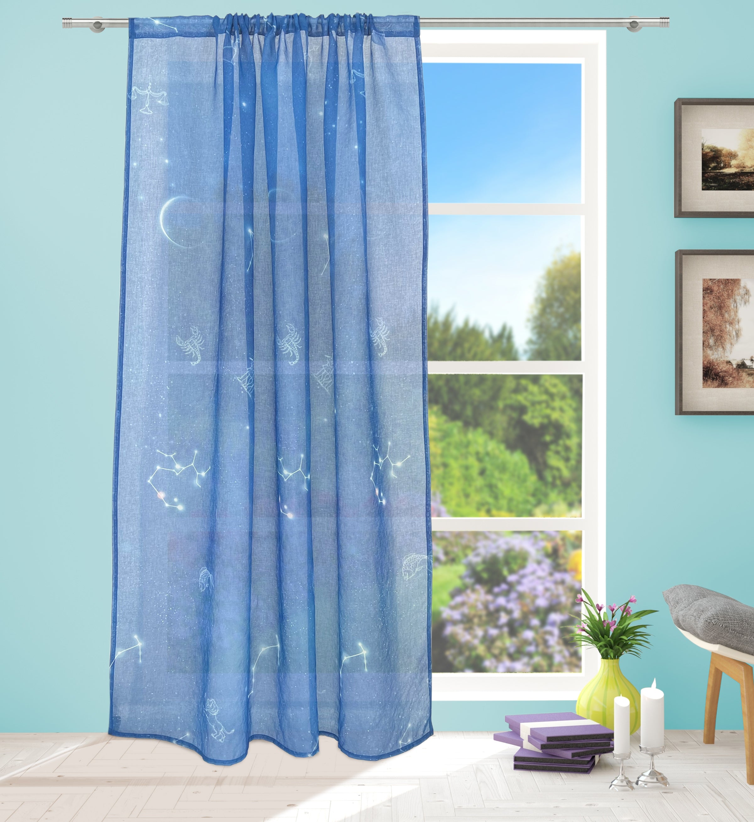 Zodiac Star Night Sky Voile Panel With Rod Slot (Navy Blue)