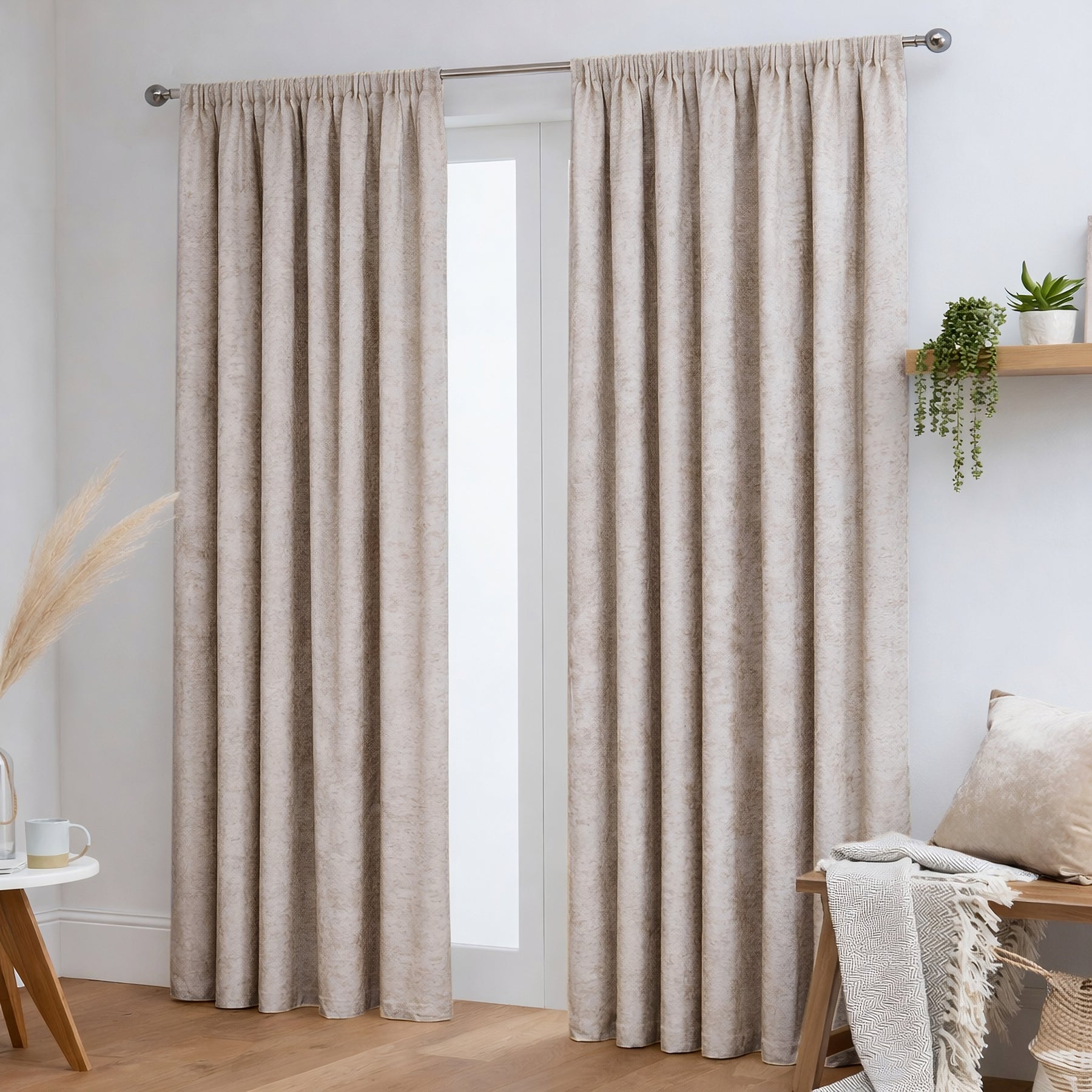 Crushed Velvet Fully Lined Ready Made Tape Top Curtains (Cream)