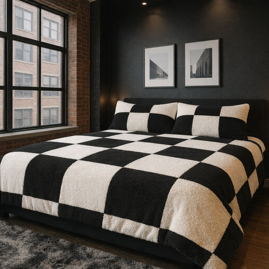 Teddy Fleece Checked Square Duvet Cover And Pillowcase Set (Black/White)