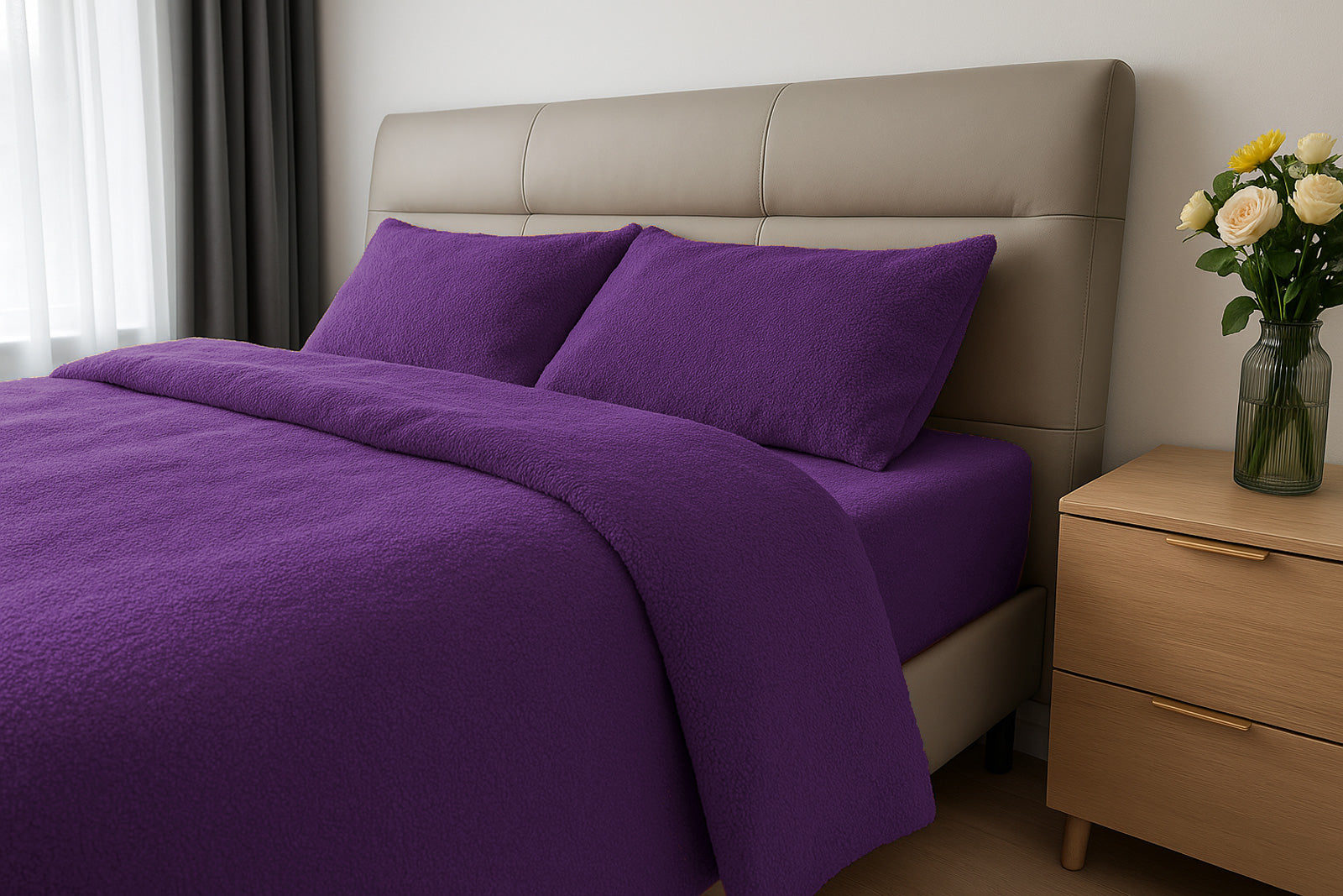 Teddy Fleece Duvet Cover And Pillowcase Set (Aubergine)