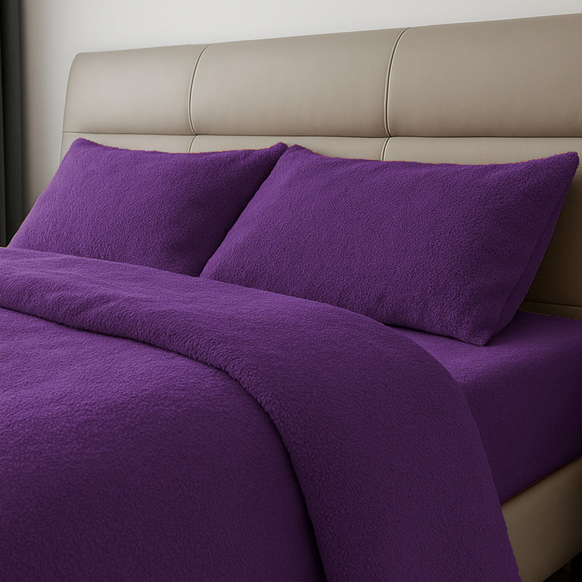 Teddy Fleece Duvet Cover And Pillowcase Set (Aubergine)