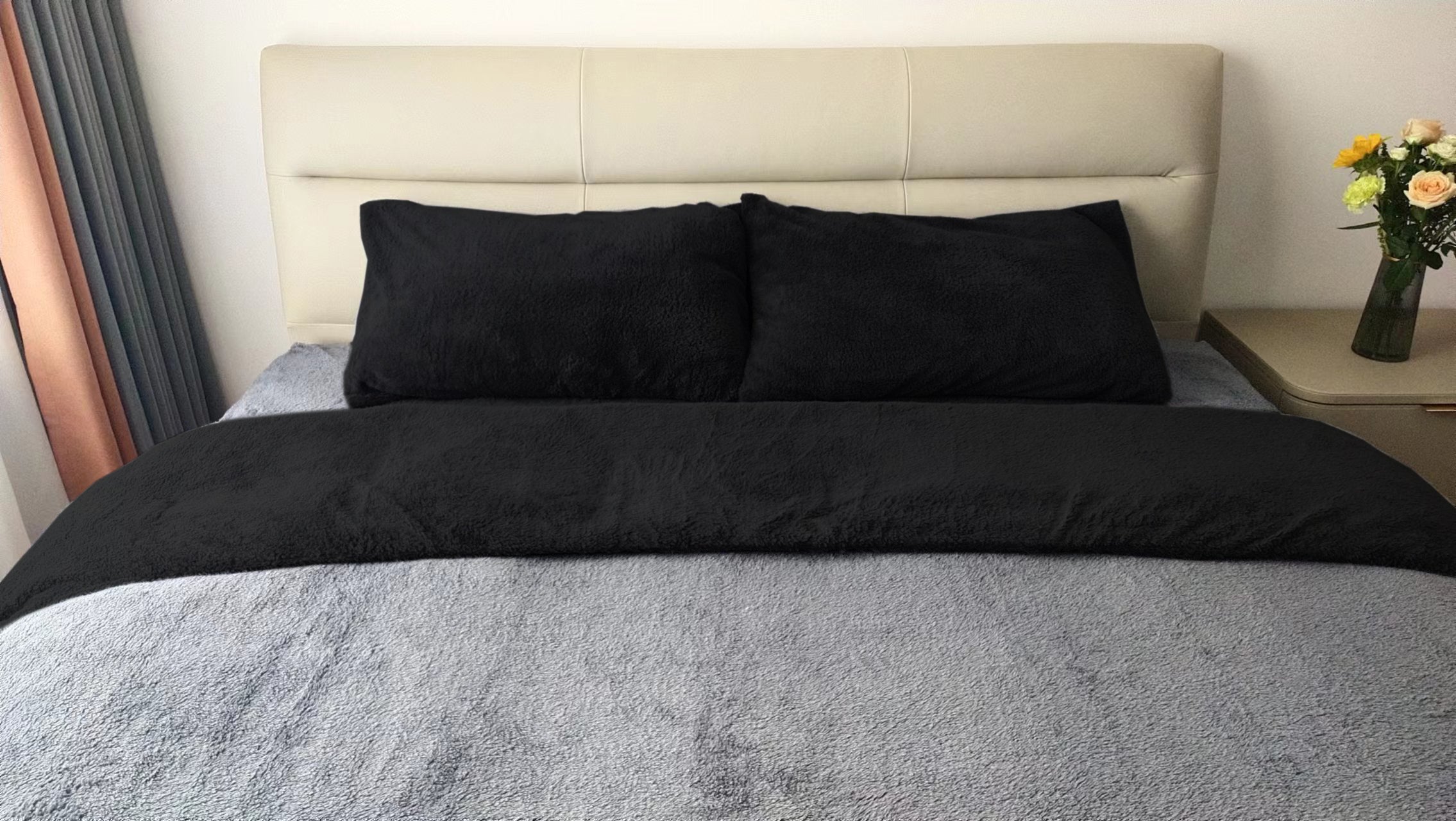 Teddy Fleece Duvet Cover And Pillowcase Set (Grey/Black)