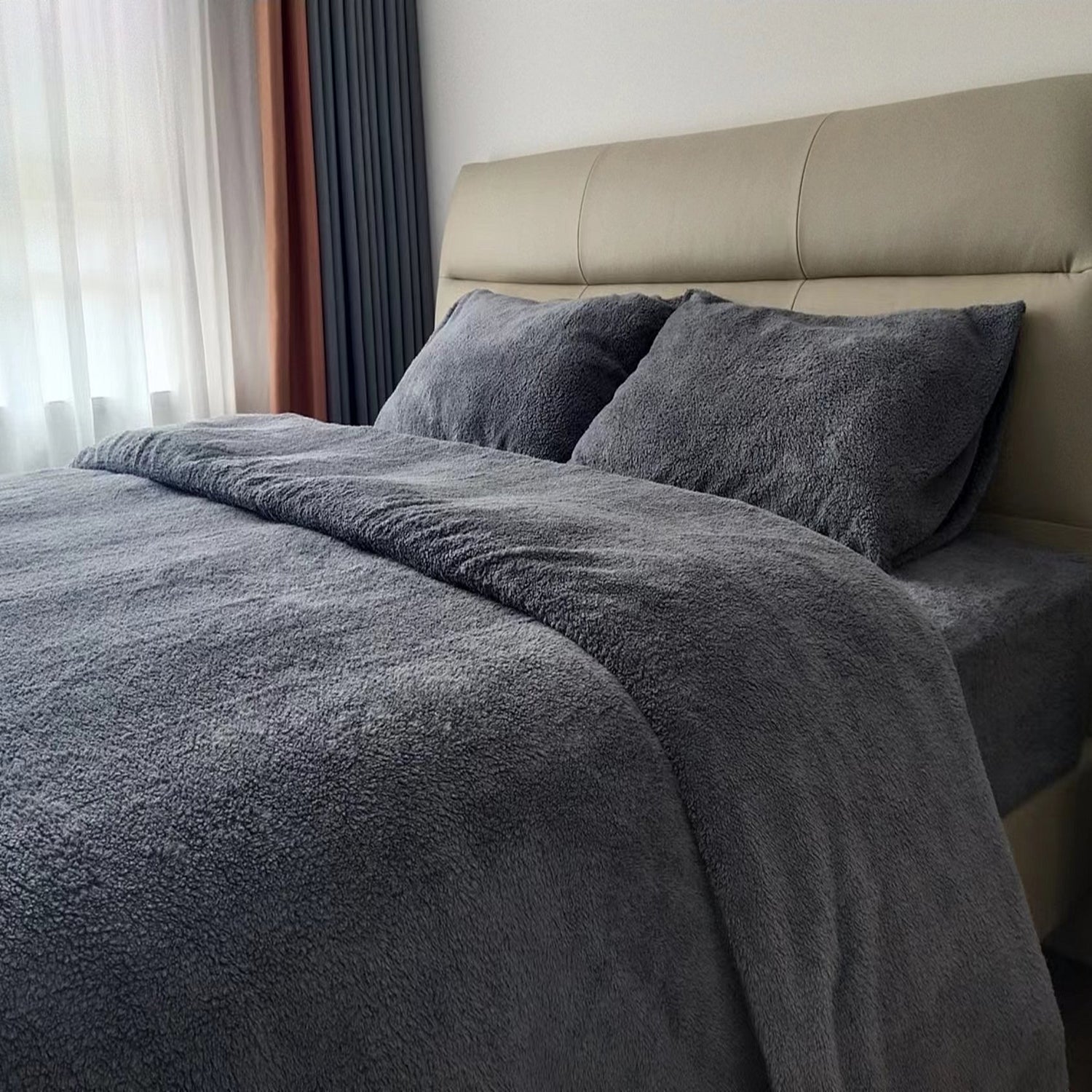 Teddy Fleece Duvet Cover And Pillowcase Set (Grey)