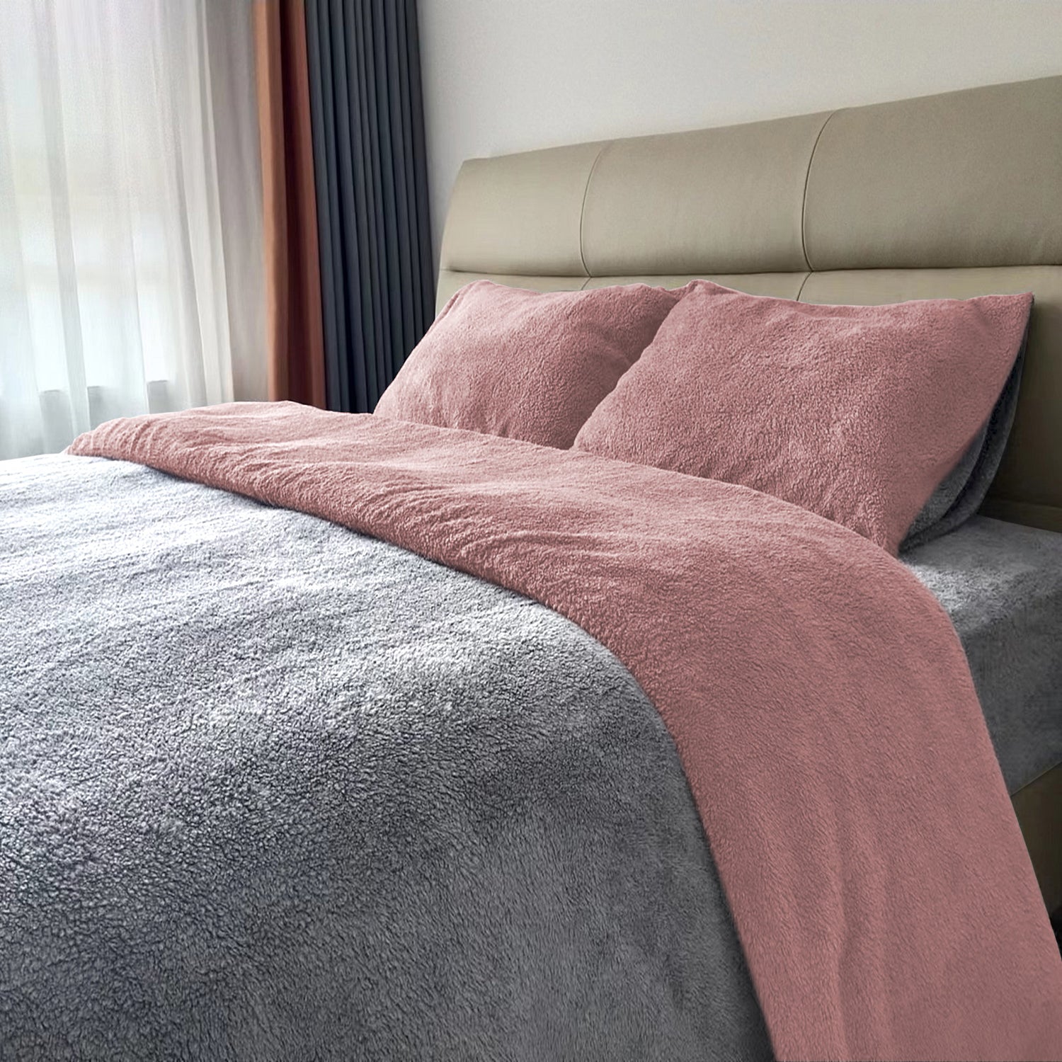 Teddy Fleece Duvet Cover And Pillowcase Set (Blush Pink/Silver)