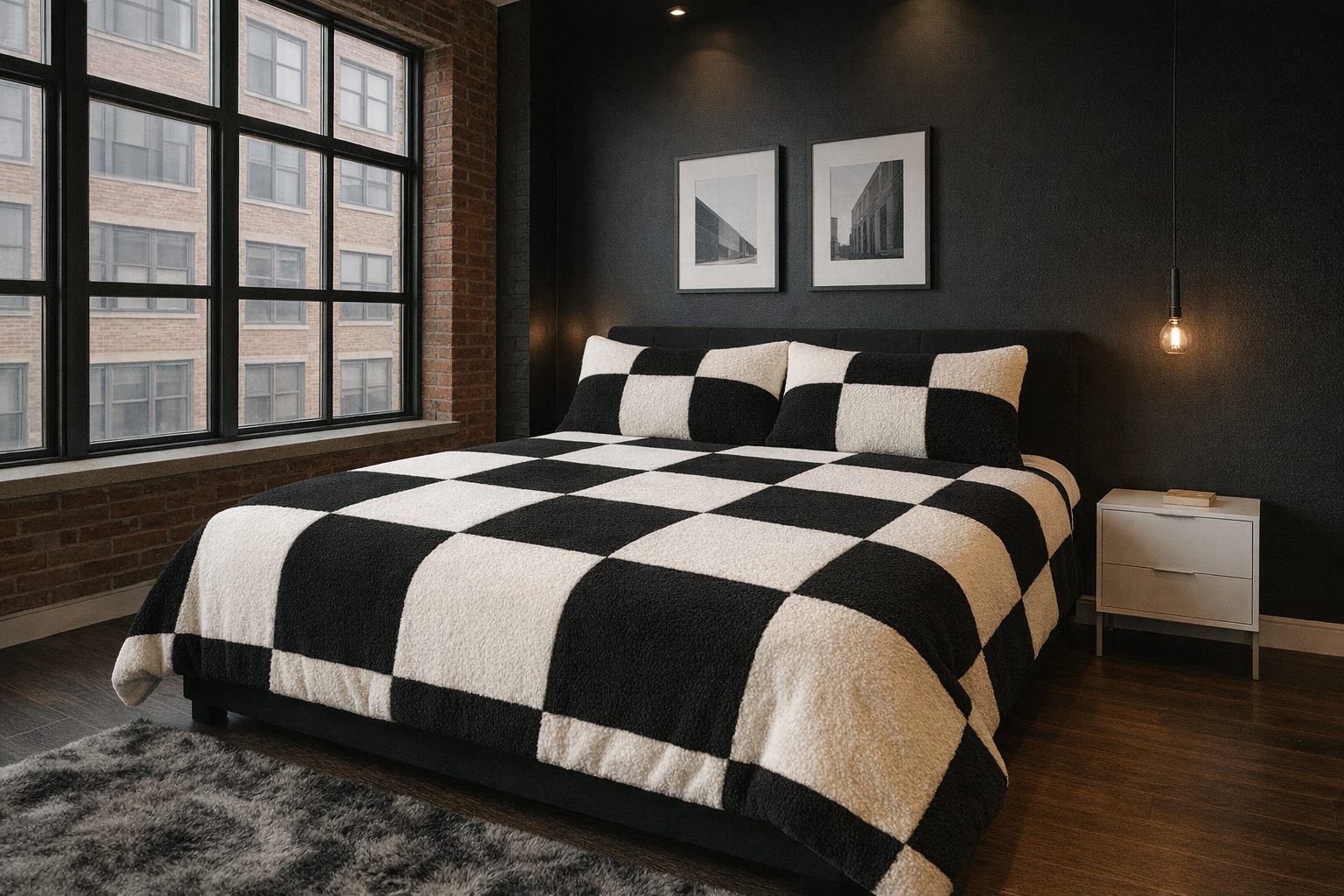Teddy Fleece Checked Square Duvet Cover And Pillowcase Set (Black/White)