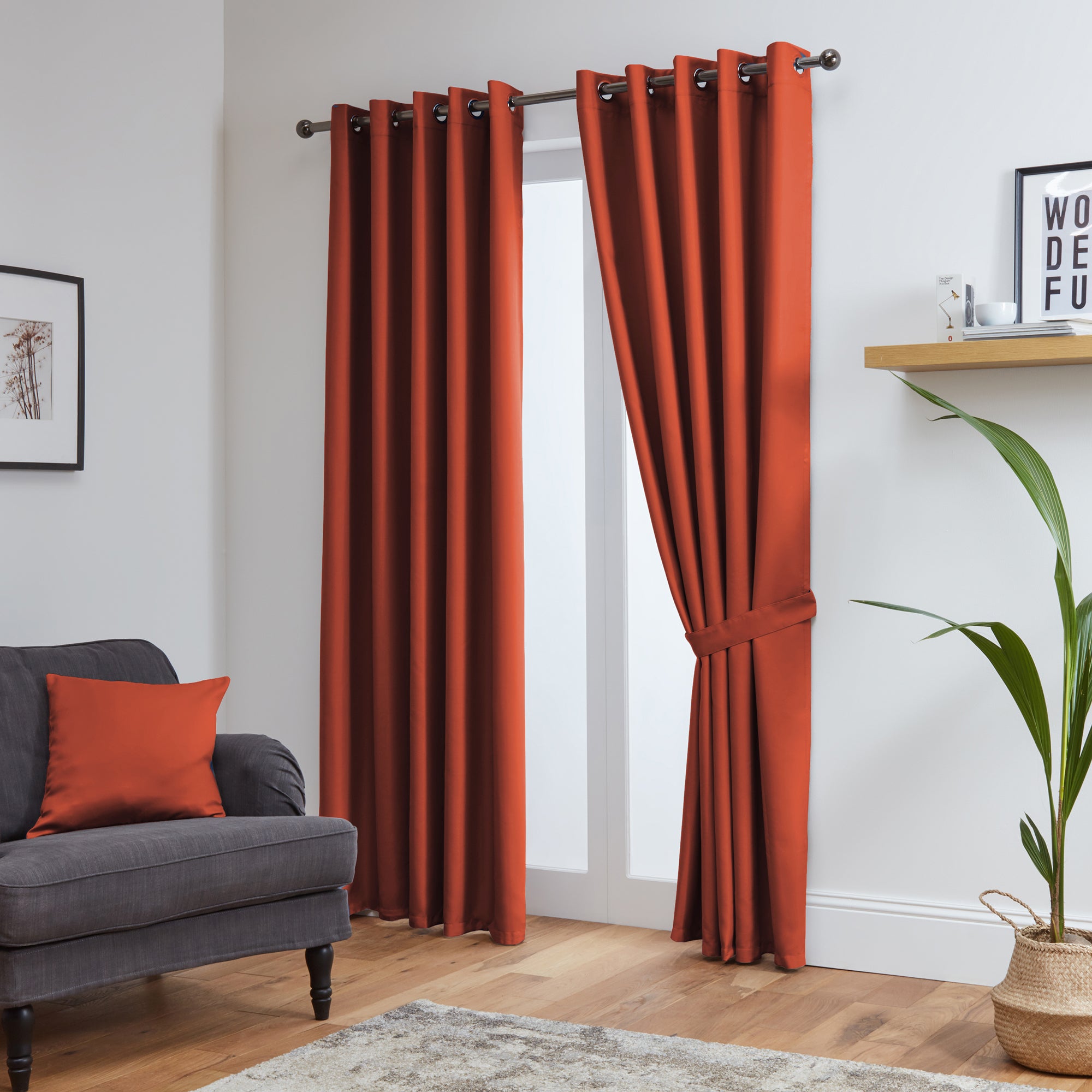 Thermal Blackout Ready Made Eyelet Curtains + Tie Backs (Terracotta)