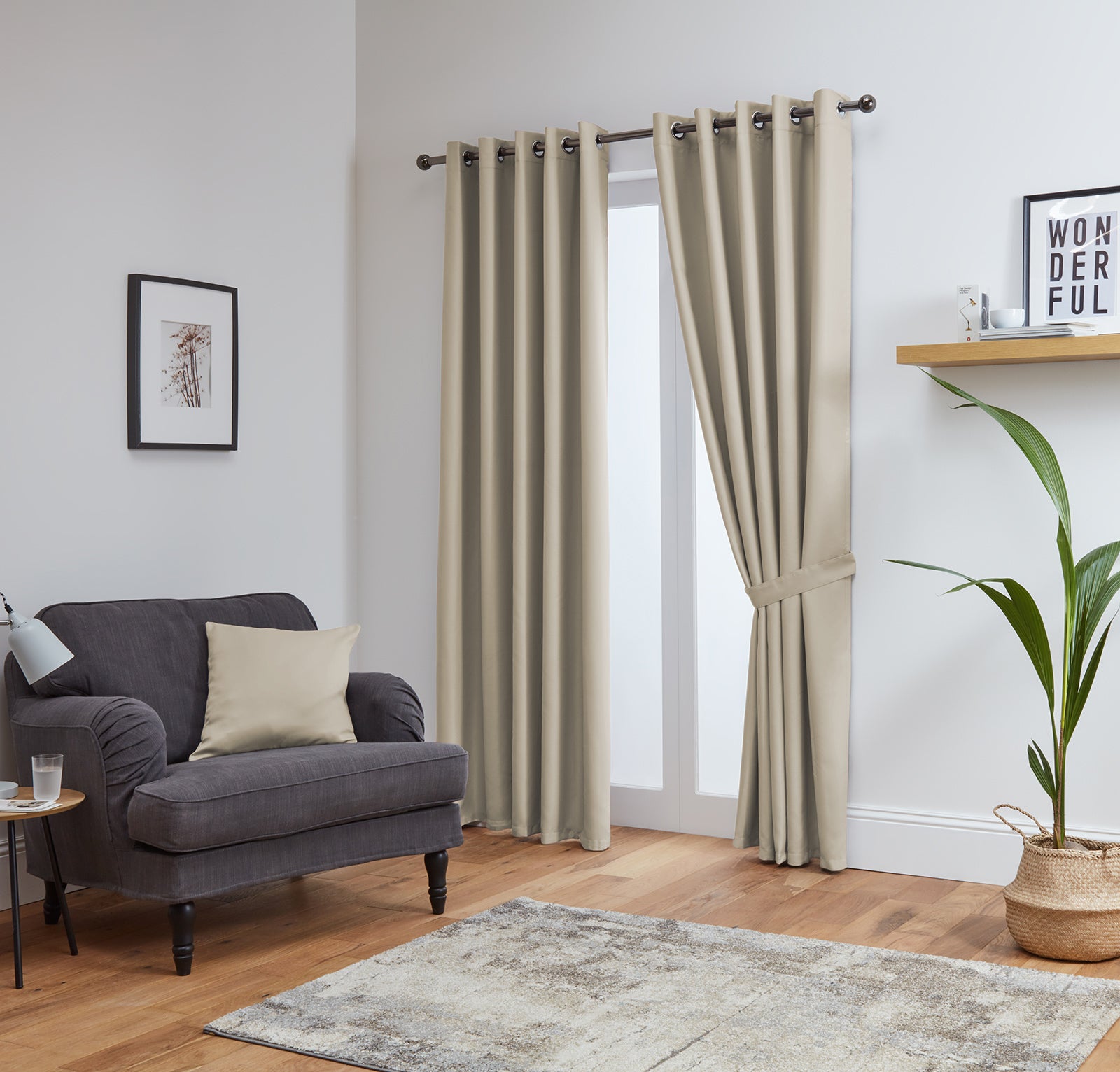Thermal Blackout Ready Made Eyelet Curtains + Tie Backs (Natural)