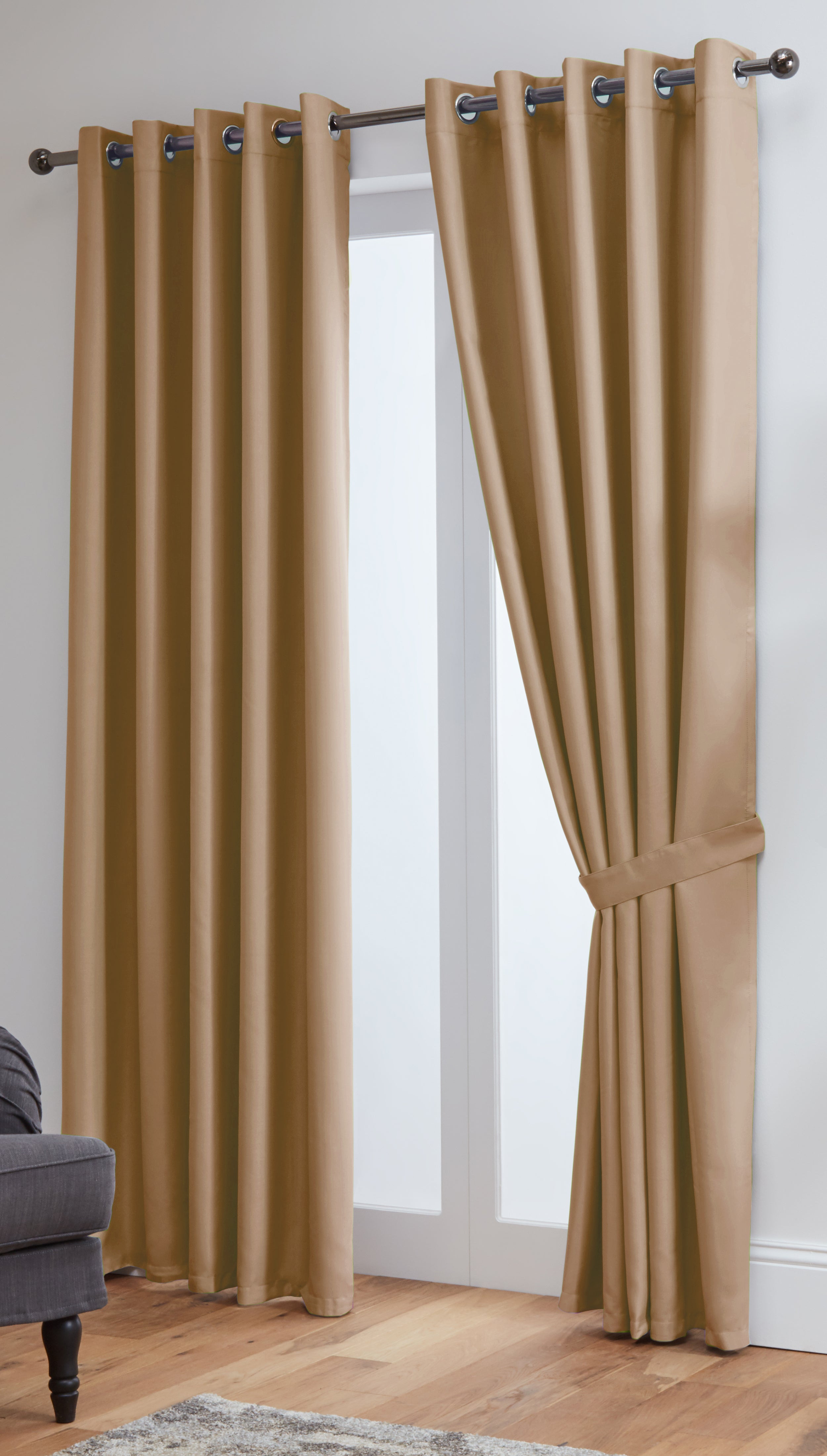Thermal Blackout Ready Made Eyelet Curtains + Tie Backs (Wheat)