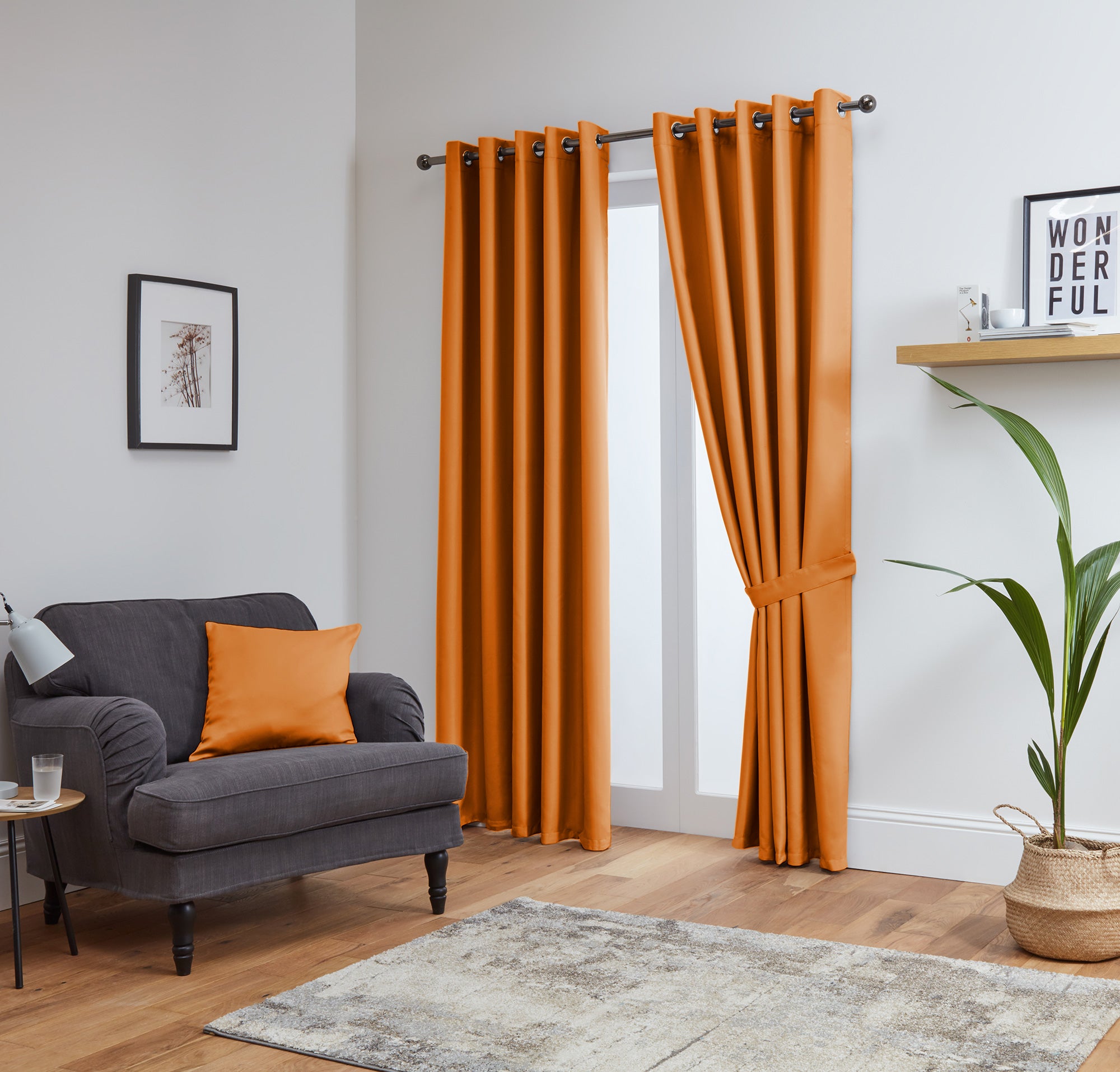 Thermal Blackout Ready Made Eyelet Curtains + Tie Backs (Orange)