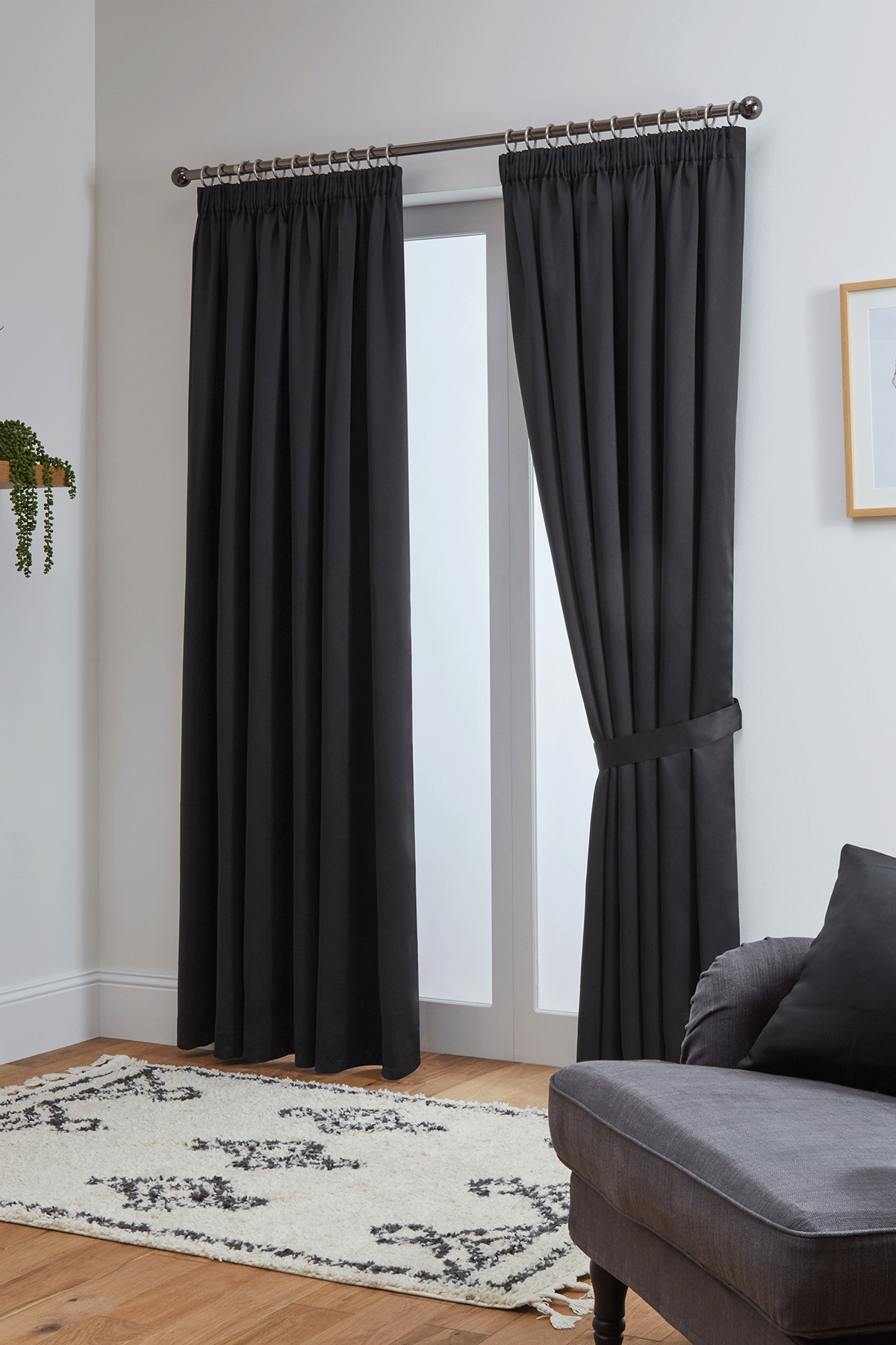 Thermal Blackout Ready Made Tape Top Curtains + Tie Backs (Black)