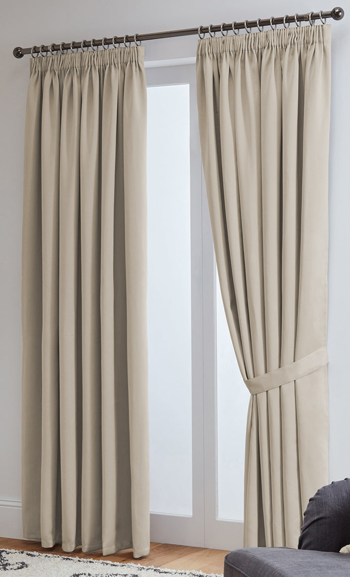 Thermal Blackout Ready Made Pencil Pleat Tape Top Curtains + Tie Backs (Natural)