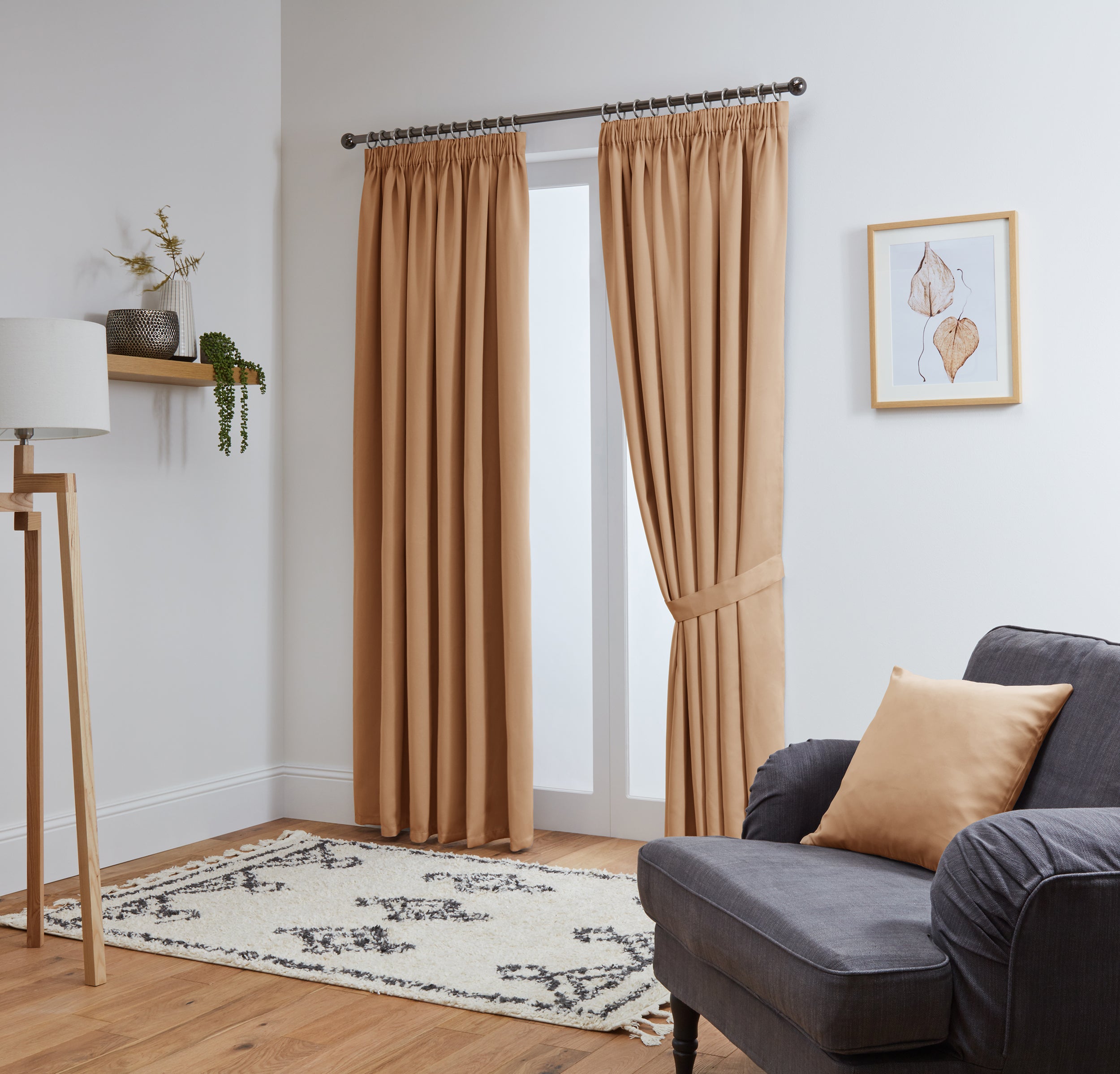 Thermal Blackout Ready Made Tape Top Curtains + Tie Backs (Wheat)