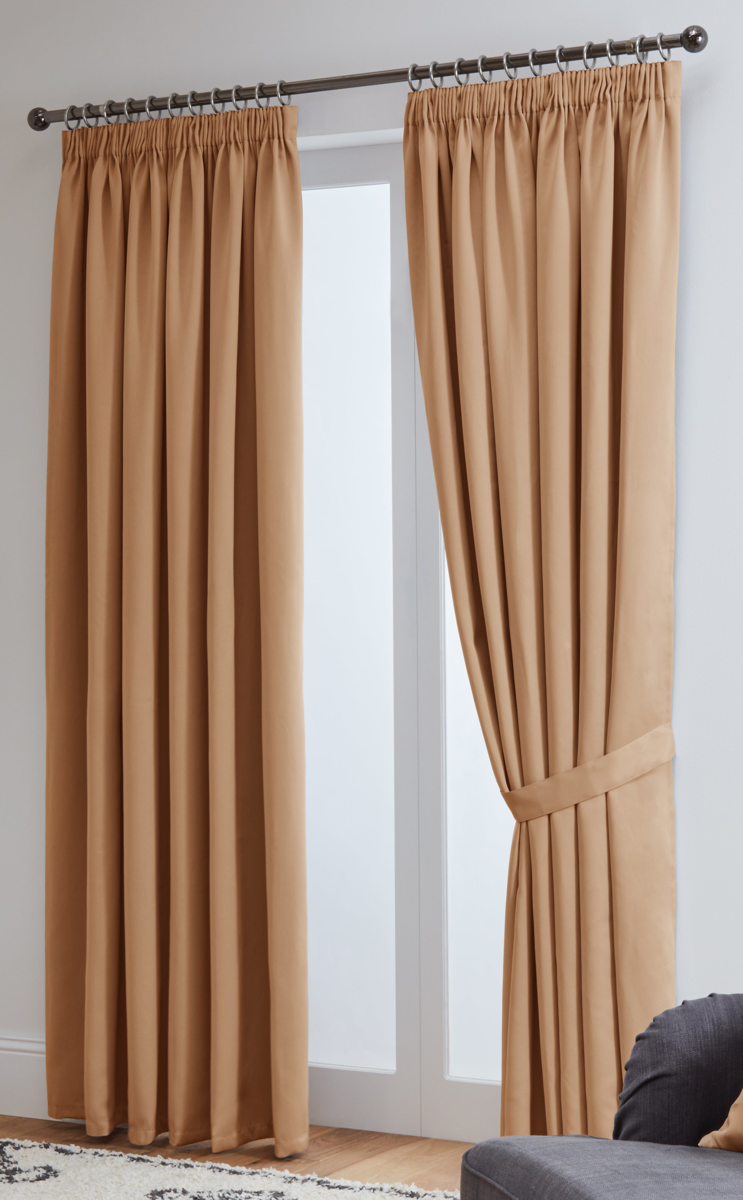 Thermal Blackout Ready Made Pencil Pleat Tape Top Curtains + Tie Backs (Wheat)