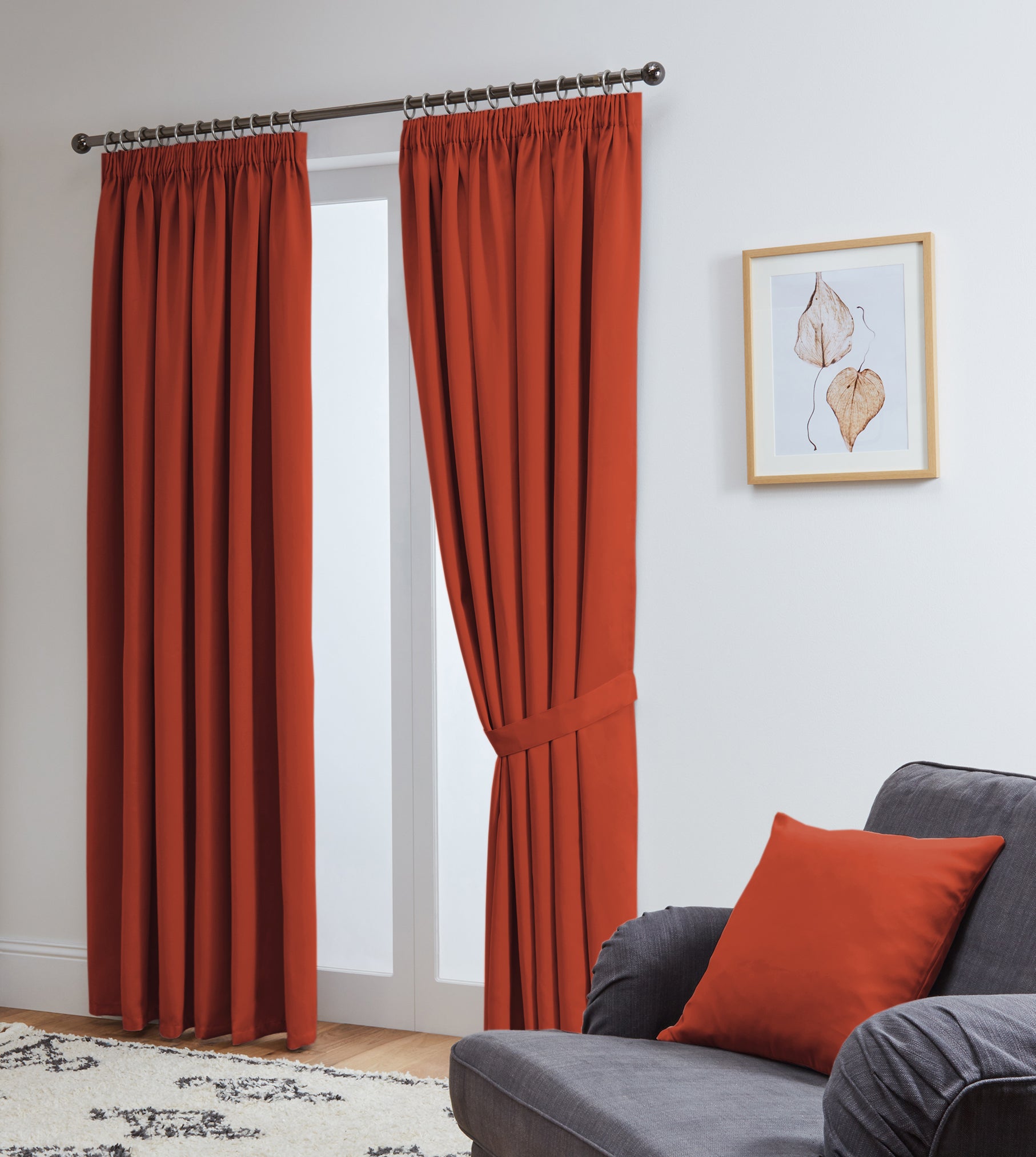 Thermal Blackout Ready Made Pencil Pleat Tape Top Curtains + Tie Backs (Terracotta)