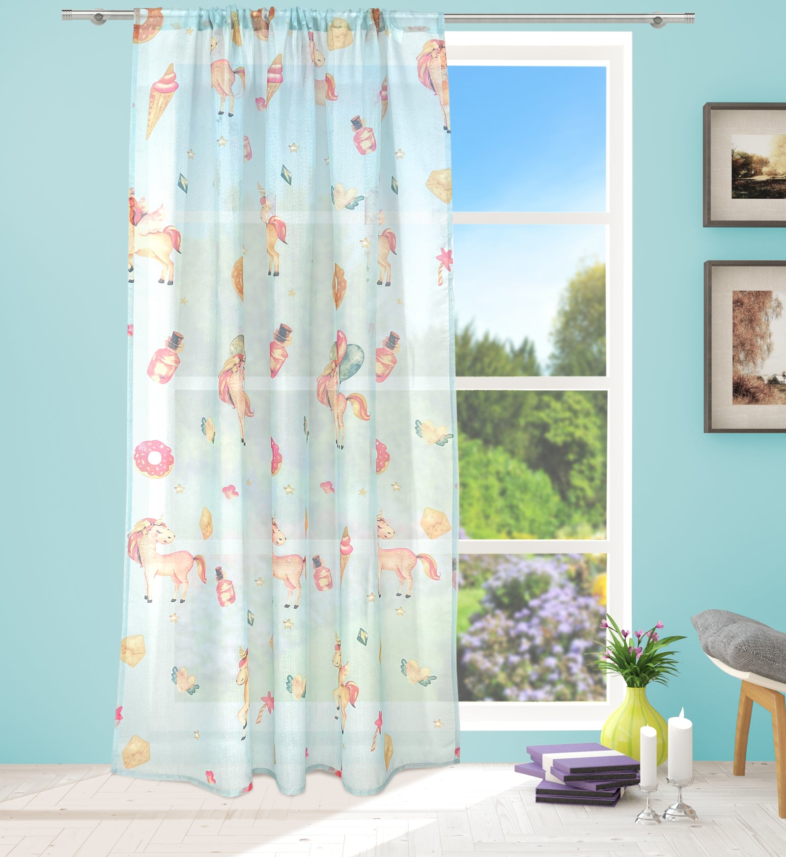 Unicorn Voile Panel With Rod Slot (Blue)