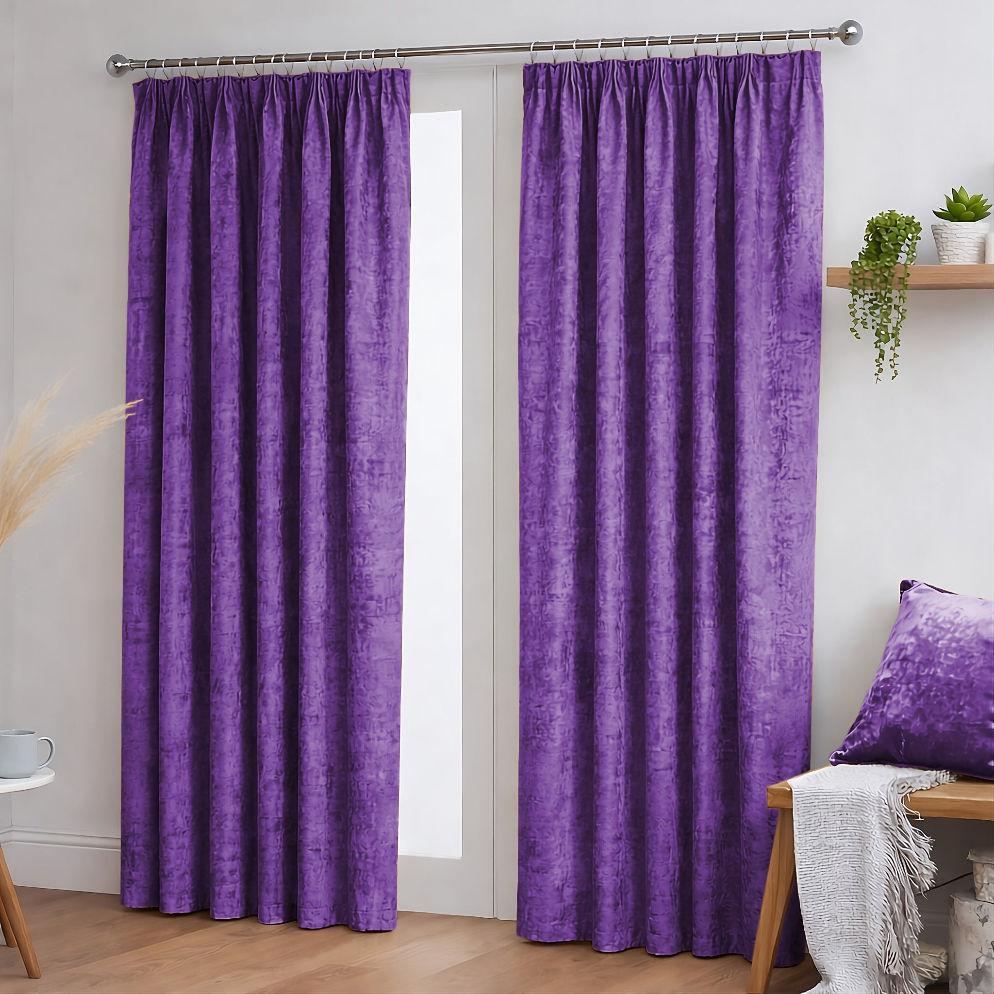 Crushed Velvet Fully Lined Ready Made Pencil Pleat Curtains (Aubergine