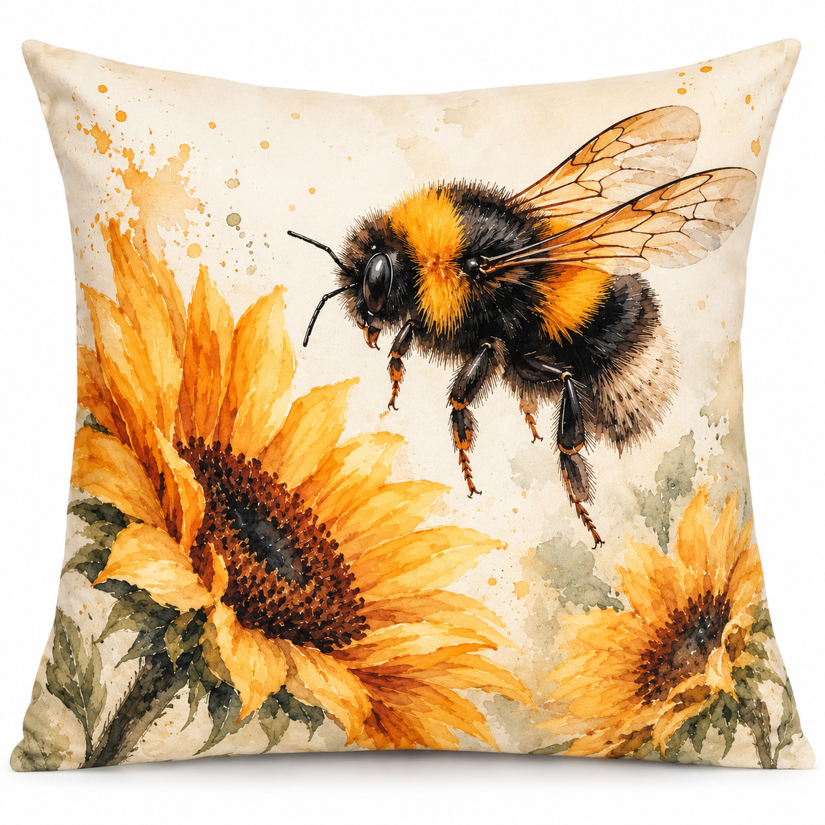 Bumblebee & Sunflower Print Cushion Cover – Watercolour - Style Floral Design – Yellow & Cream – 18" × 18"