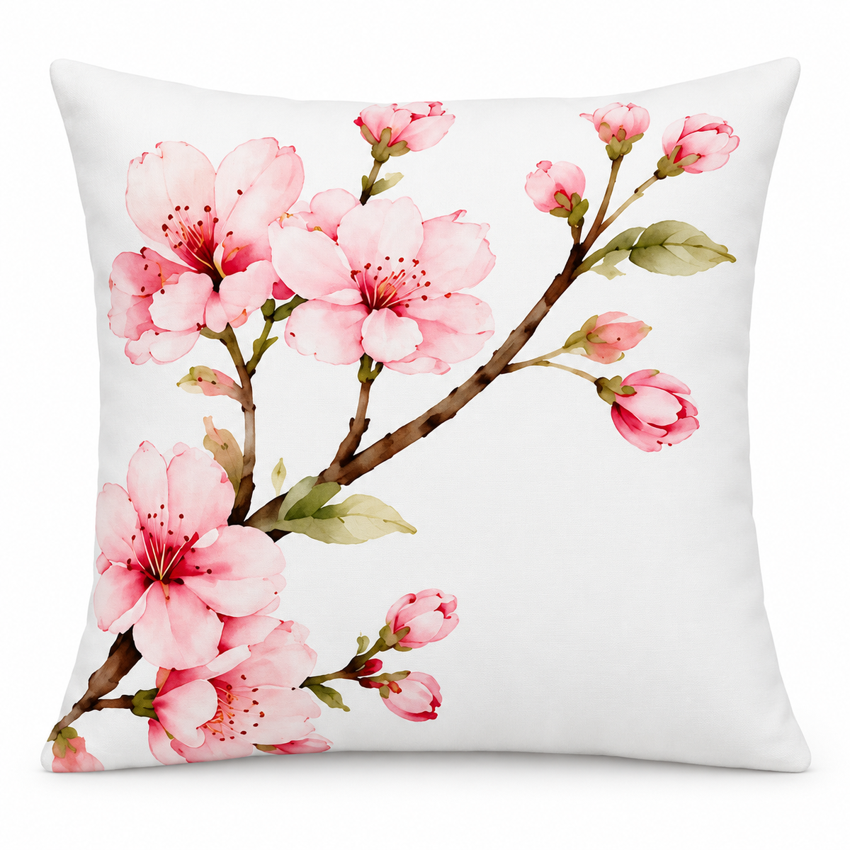 Cherry Blossom Print Cushion Cover – Pink & White Watercolour - Style Floral Design – 18" × 18"