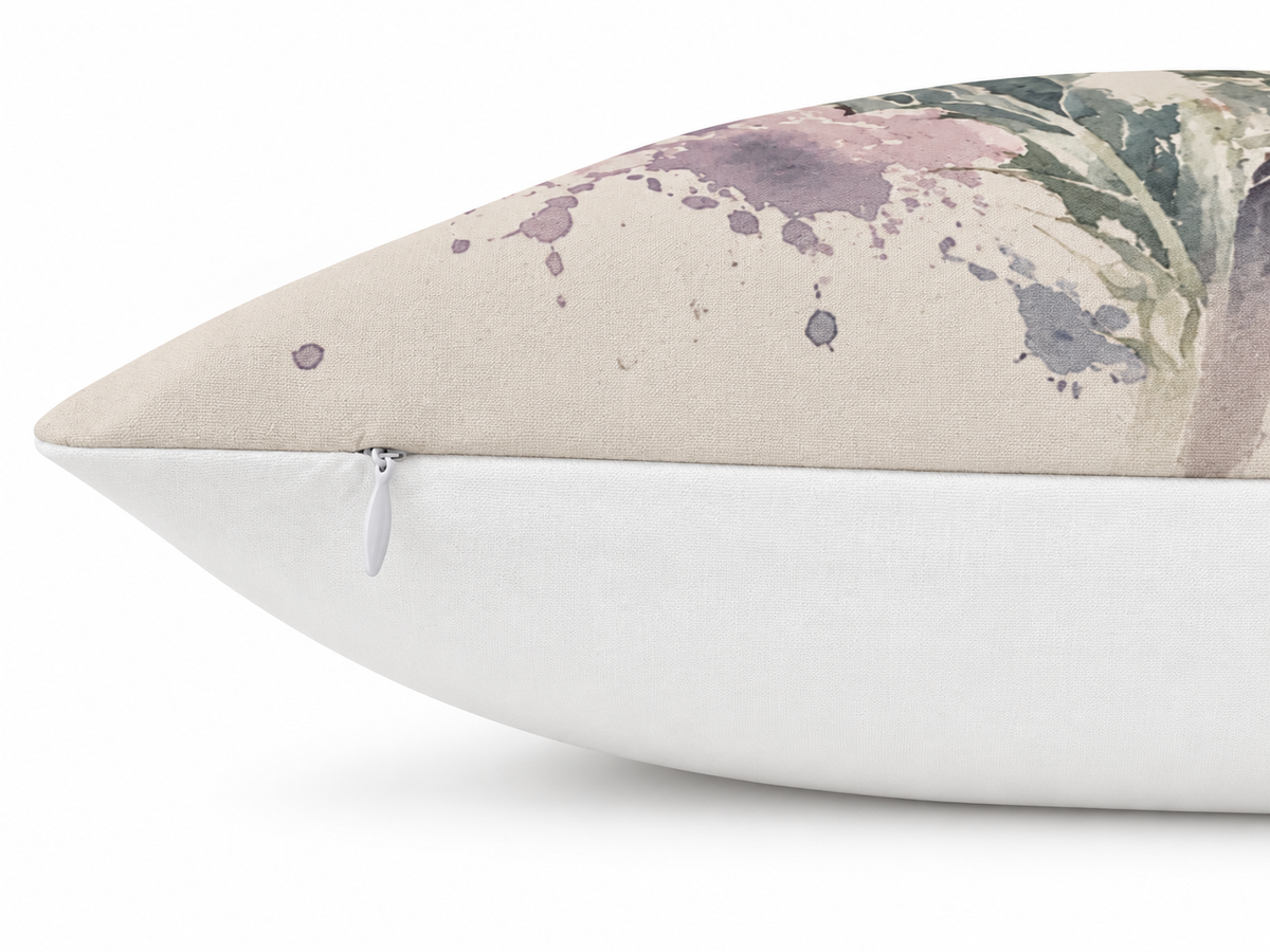 Thistle Print Cushion Cover – Watercolour - Style Botanical Design – Purple, Green & Cream – 18" × 18"