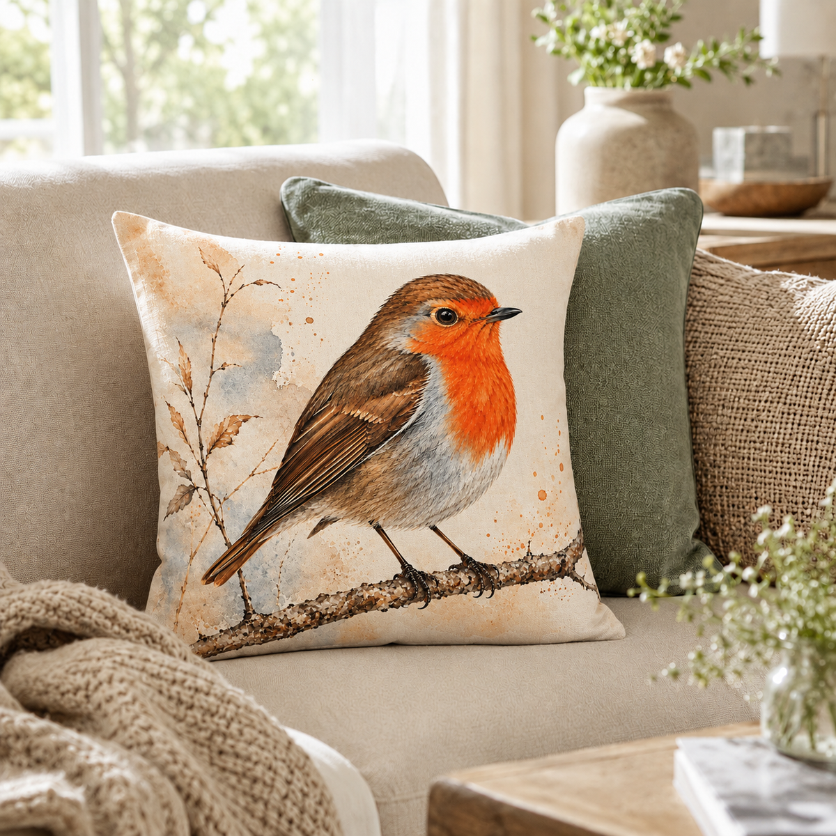 Robin Print Cushion Cover – Watercolour - Style Garden Bird Design – Orange, Brown & Cream – 18" × 18"