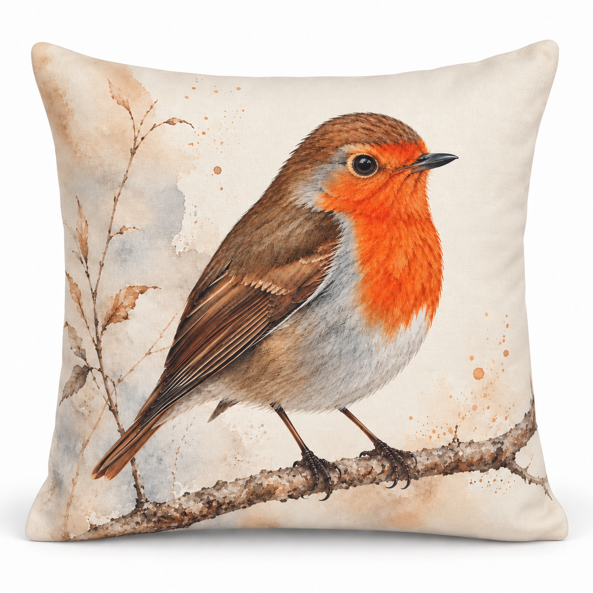 Robin Print Cushion Cover – Watercolour - Style Garden Bird Design – Orange, Brown & Cream – 18" × 18"