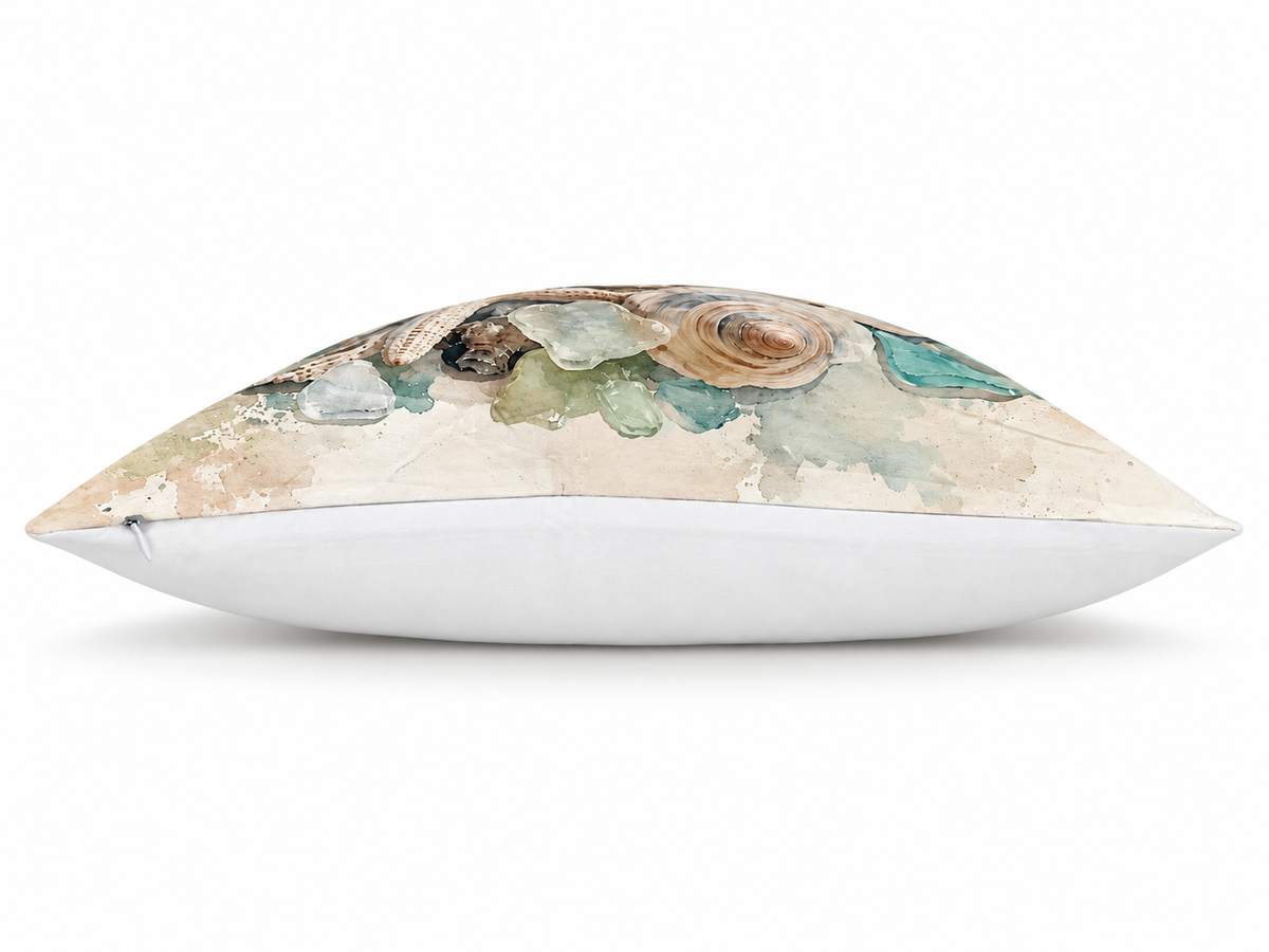 Coastal Shells Print Cushion Cover – Watercolour - Style Seashell & Starfish Design – Aqua & Cream – 18" × 18"