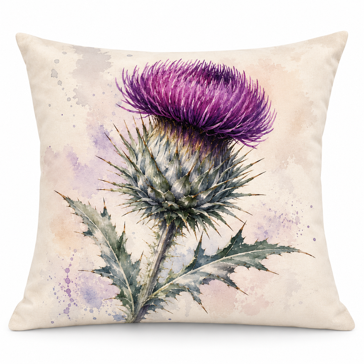 Thistle Print Cushion Cover – Watercolour - Style Botanical Design – Purple, Green & Cream – 18" × 18"