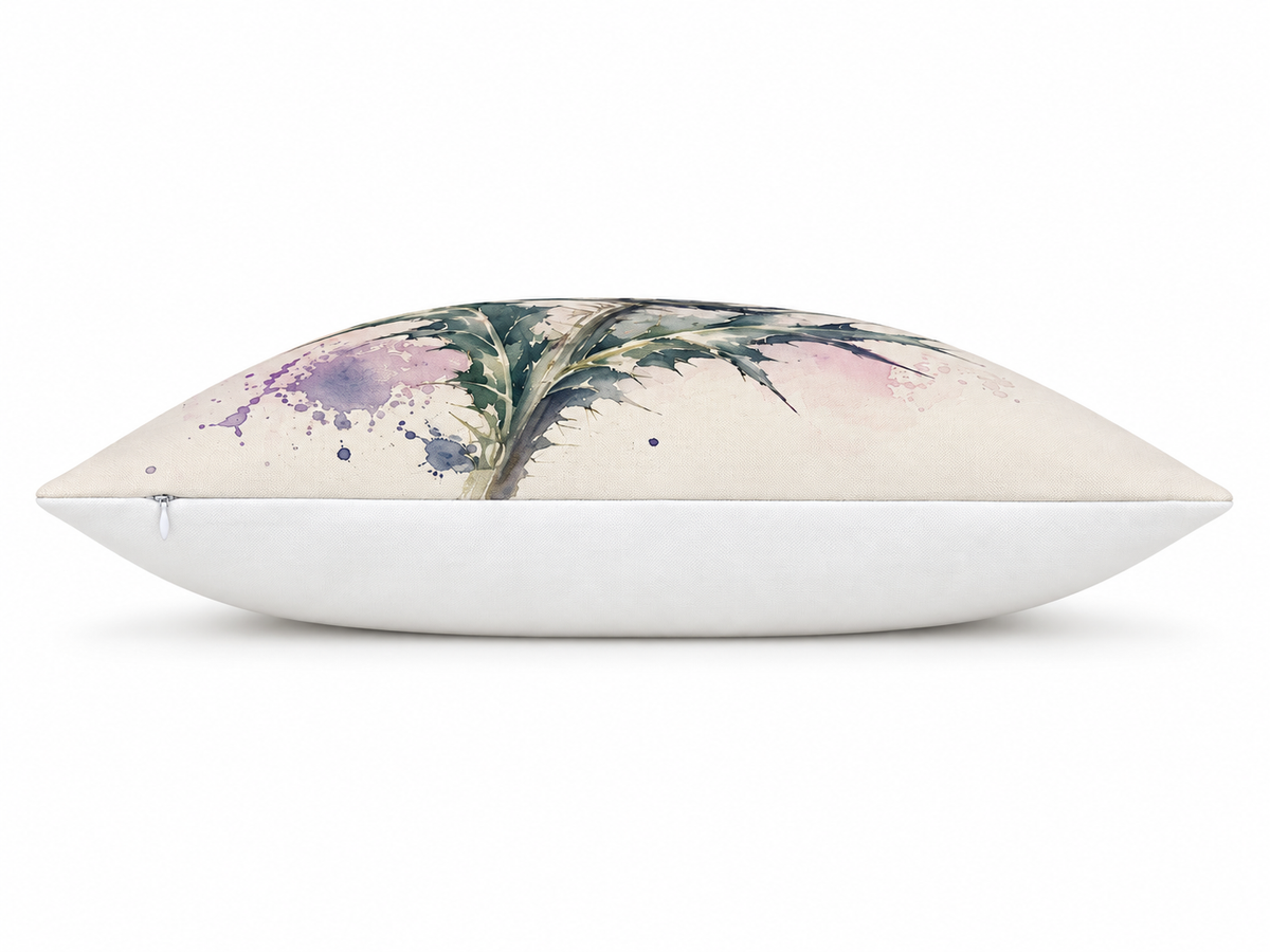 Thistle Print Cushion Cover – Watercolour - Style Botanical Design – Purple, Green & Cream – 18" × 18"