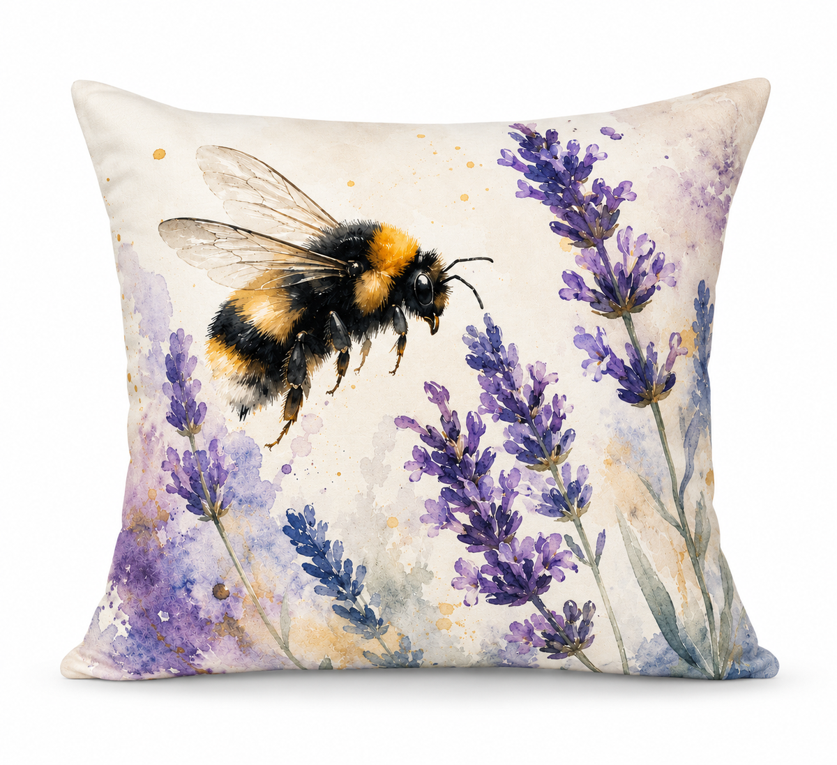 Bumblebee & Lavender Print Cushion Cover – Watercolour - Style Design – Purple & Cream – 18" × 18"