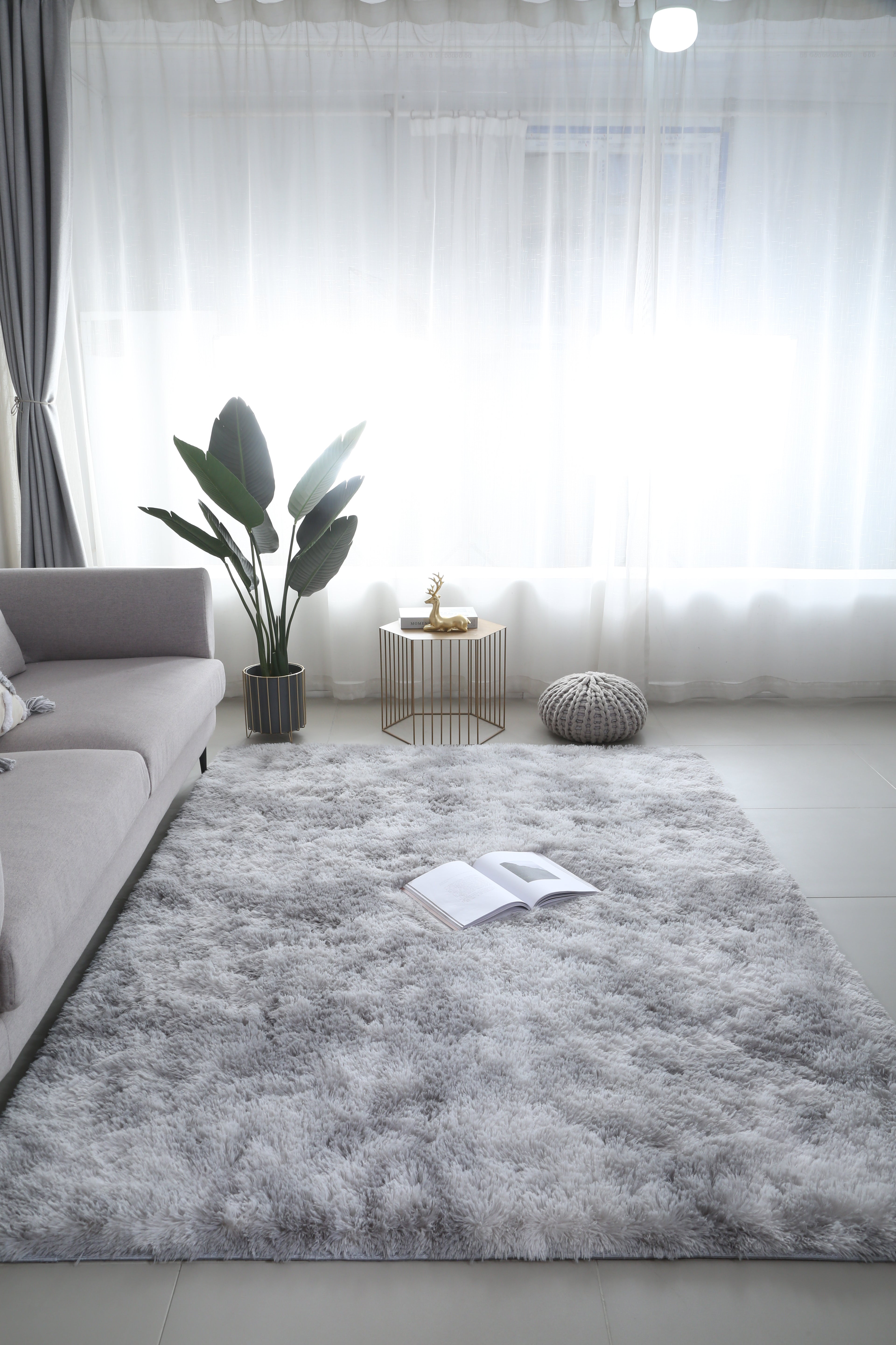 Fluffy Shaggy Area Rug - Non-Slip - Thick Pile Floor Mat (Light Grey)