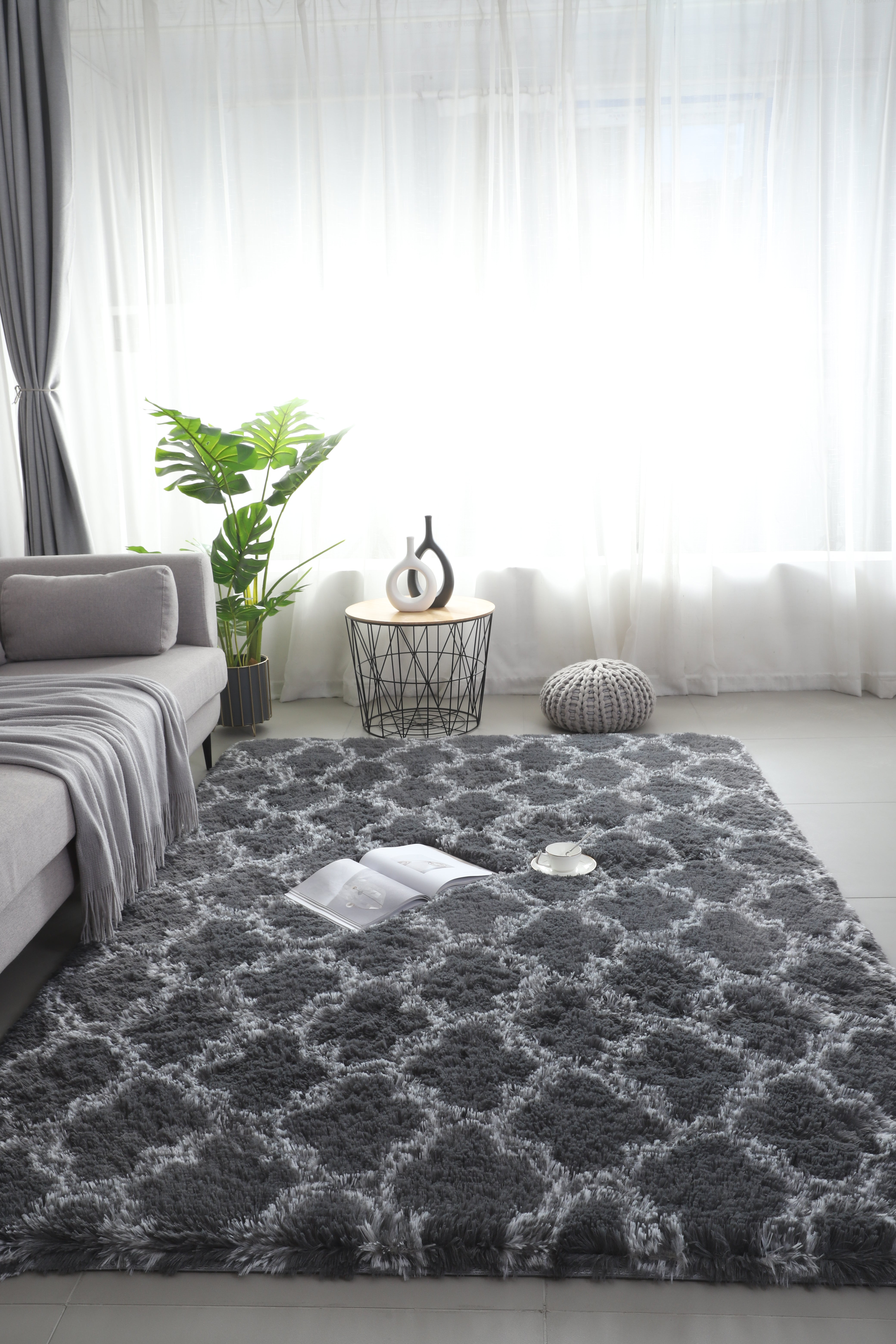 Fluffy Shaggy Area Rug - Non-Slip - Thick Pile Floor Mat (Geometric)