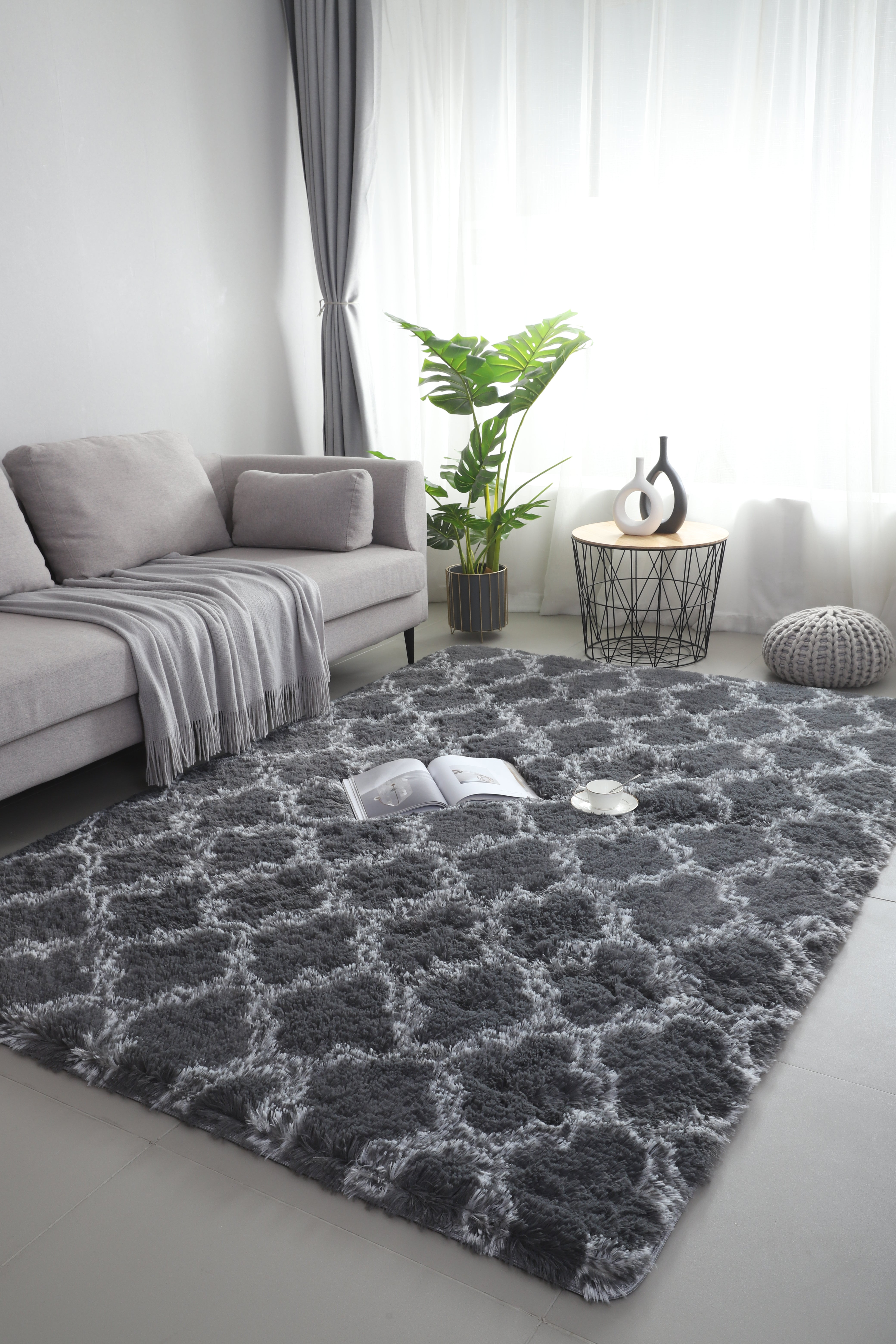 Fluffy Shaggy Area Rug - Non-Slip - Thick Pile Floor Mat (Geometric)