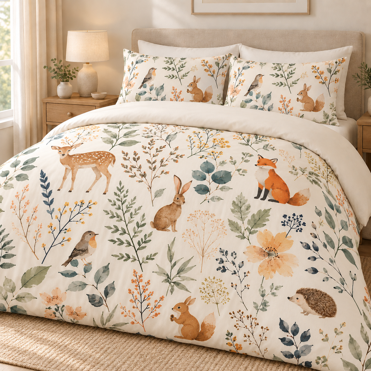 Wildlife Digital Print Duvet Cover Set (Woodland Animals & Botanicals)