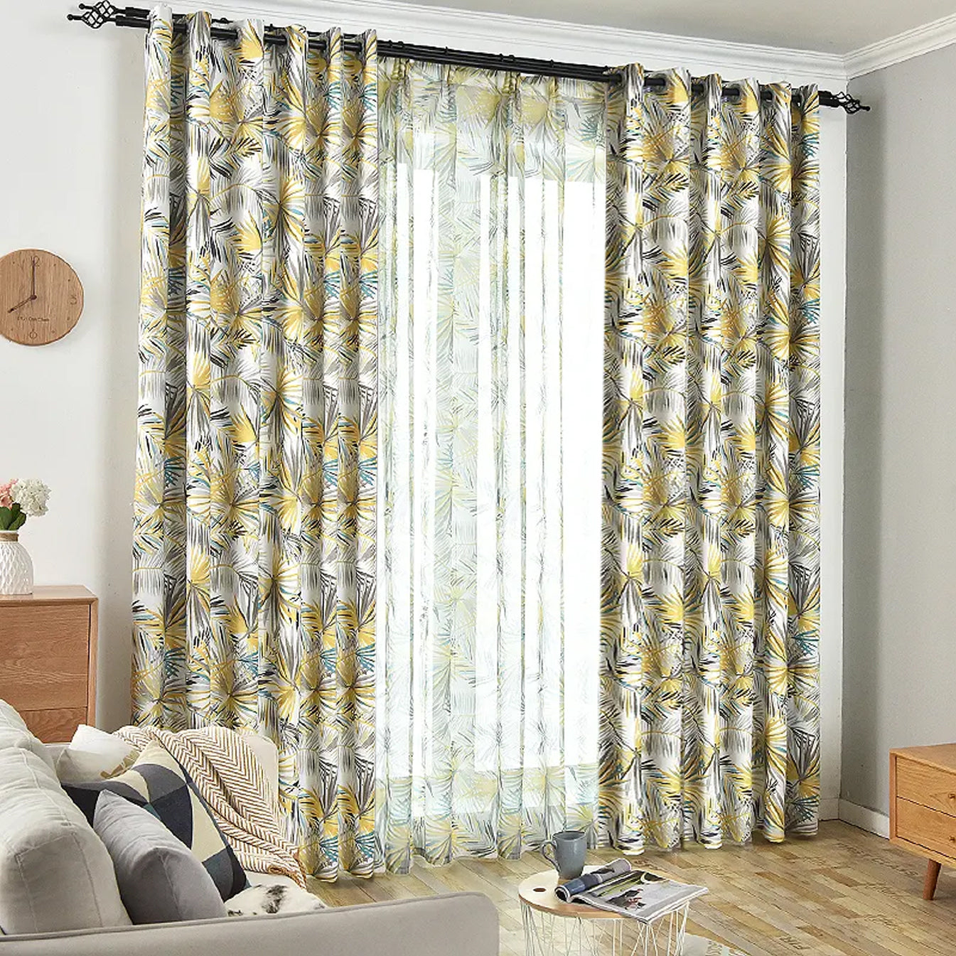 Tropical Leaves Eyelet Curtain Set (Yellow)