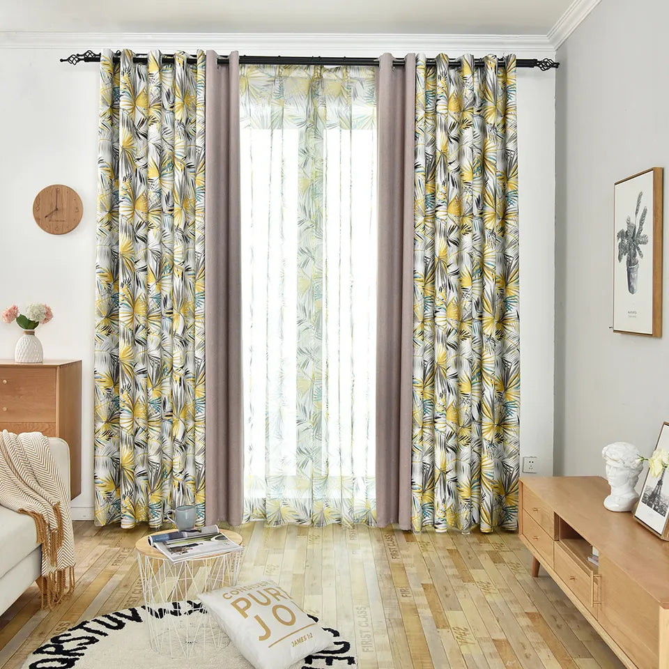 Tropical Leaves Eyelet Curtain Set (Yellow)