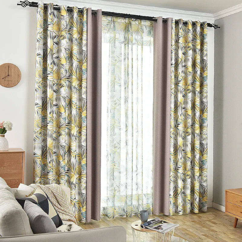 Tropical Leaves Eyelet Curtain Set (Yellow)