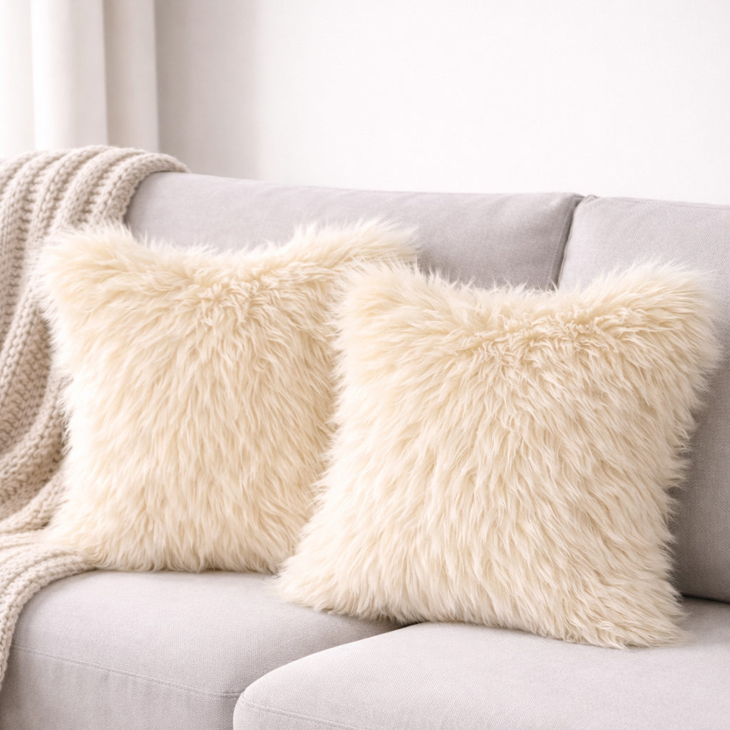 Set Of 2 Fluffy Faux Fur Shaggy Long Pile Decorative Pillow Cases (Multiple Colours, 45cm x 45cm)